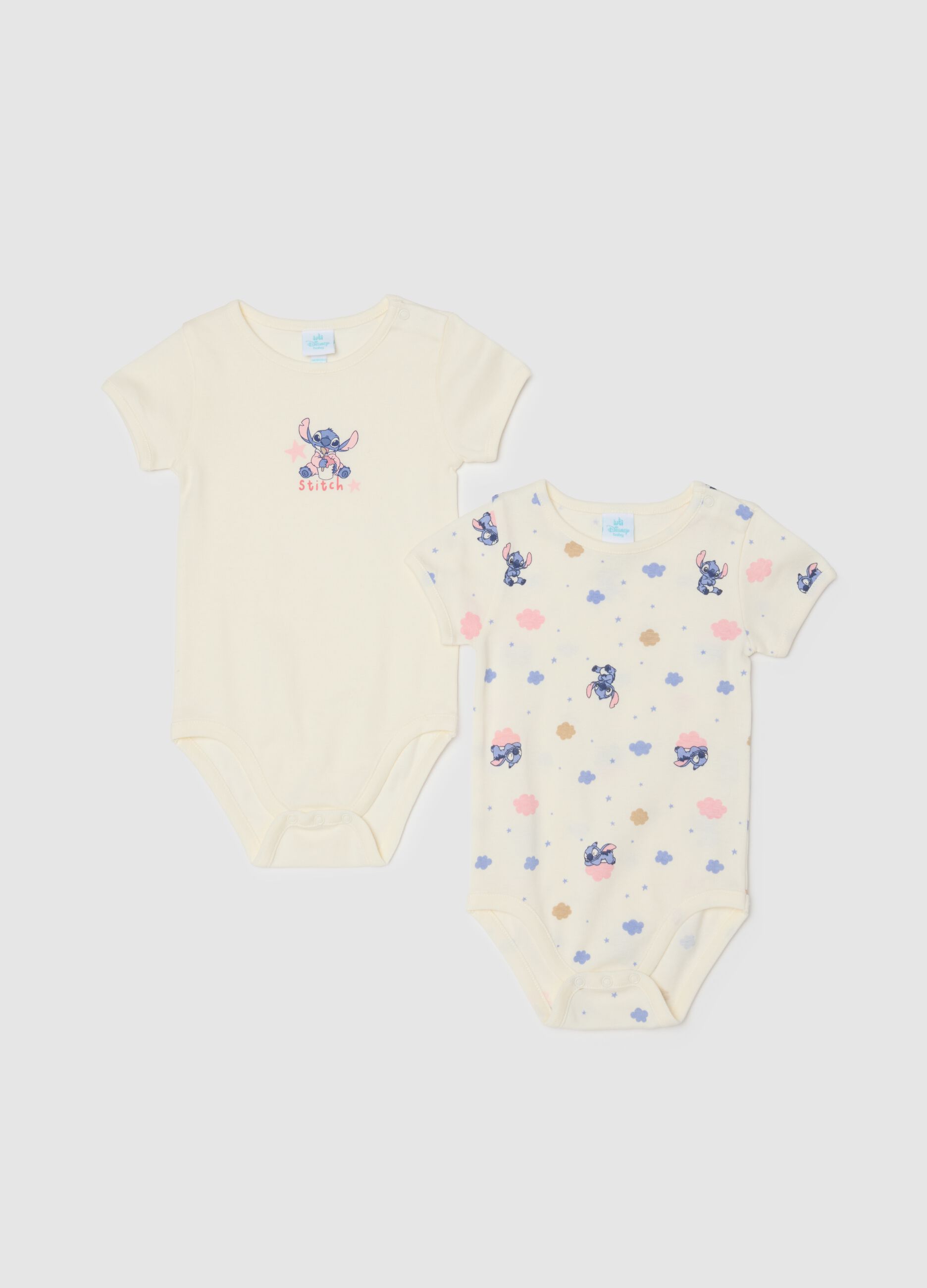 Pack of two baby girl beige bodysuits in pure cotton with prints