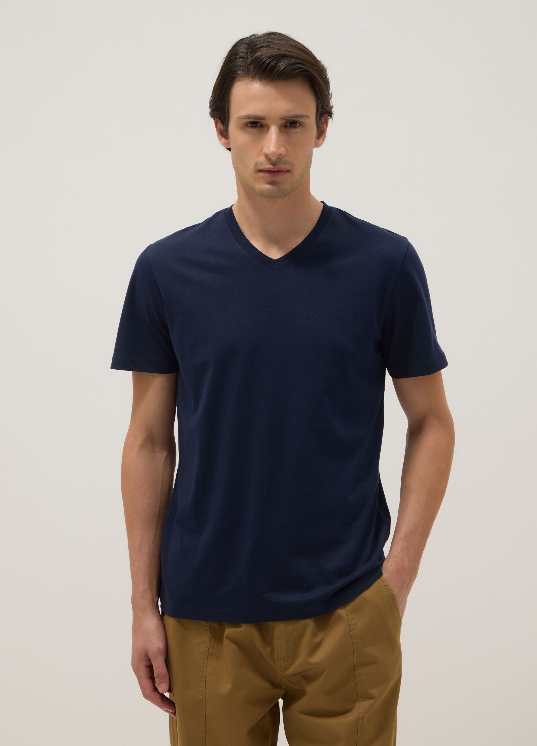 Blue pure cotton regular fit V-neck t-shirt