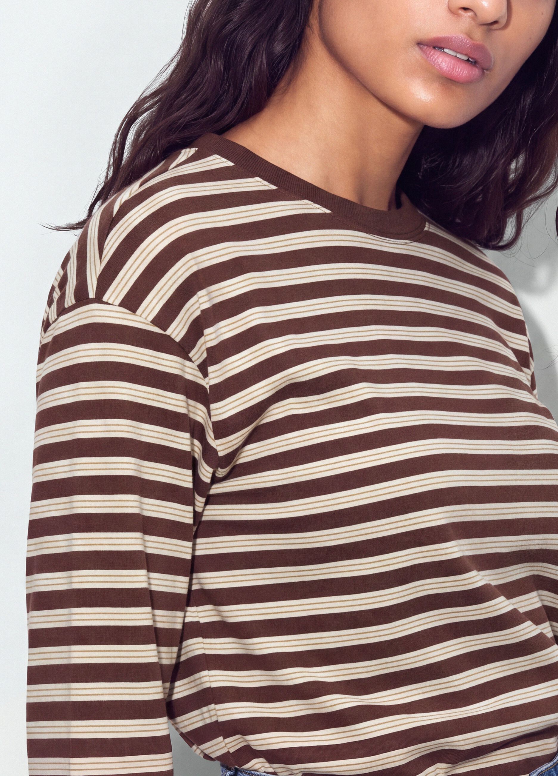 Brown striped pure cotton T-shirt with crew neck, relaxed fit