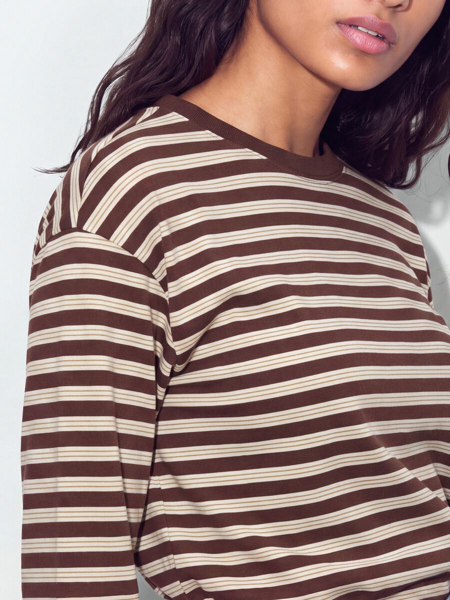 Brown striped pure cotton T-shirt with crew neck, relaxed fit_2