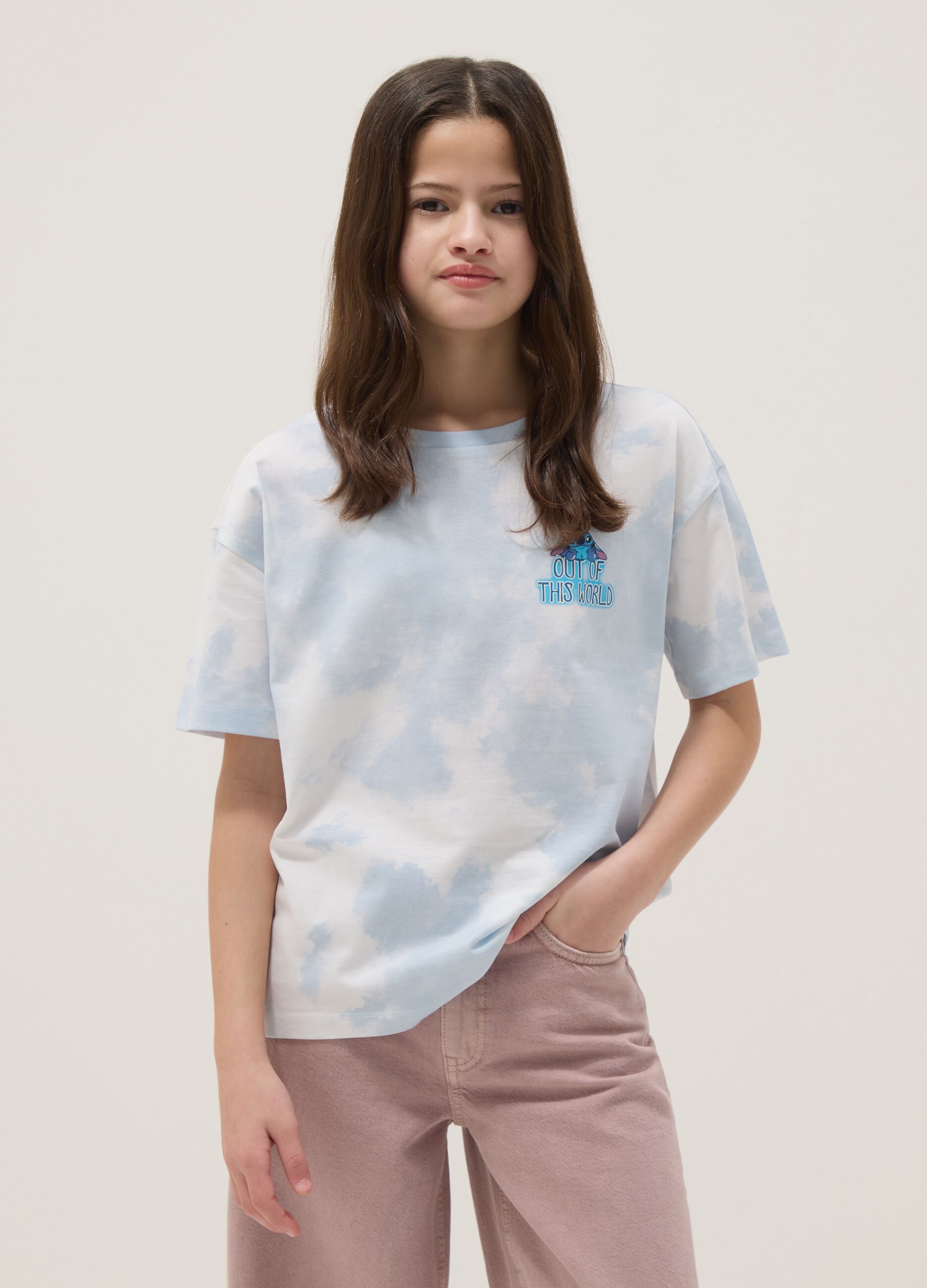 Multicolour pure cotton oversized girl's T-shirt with Stitch