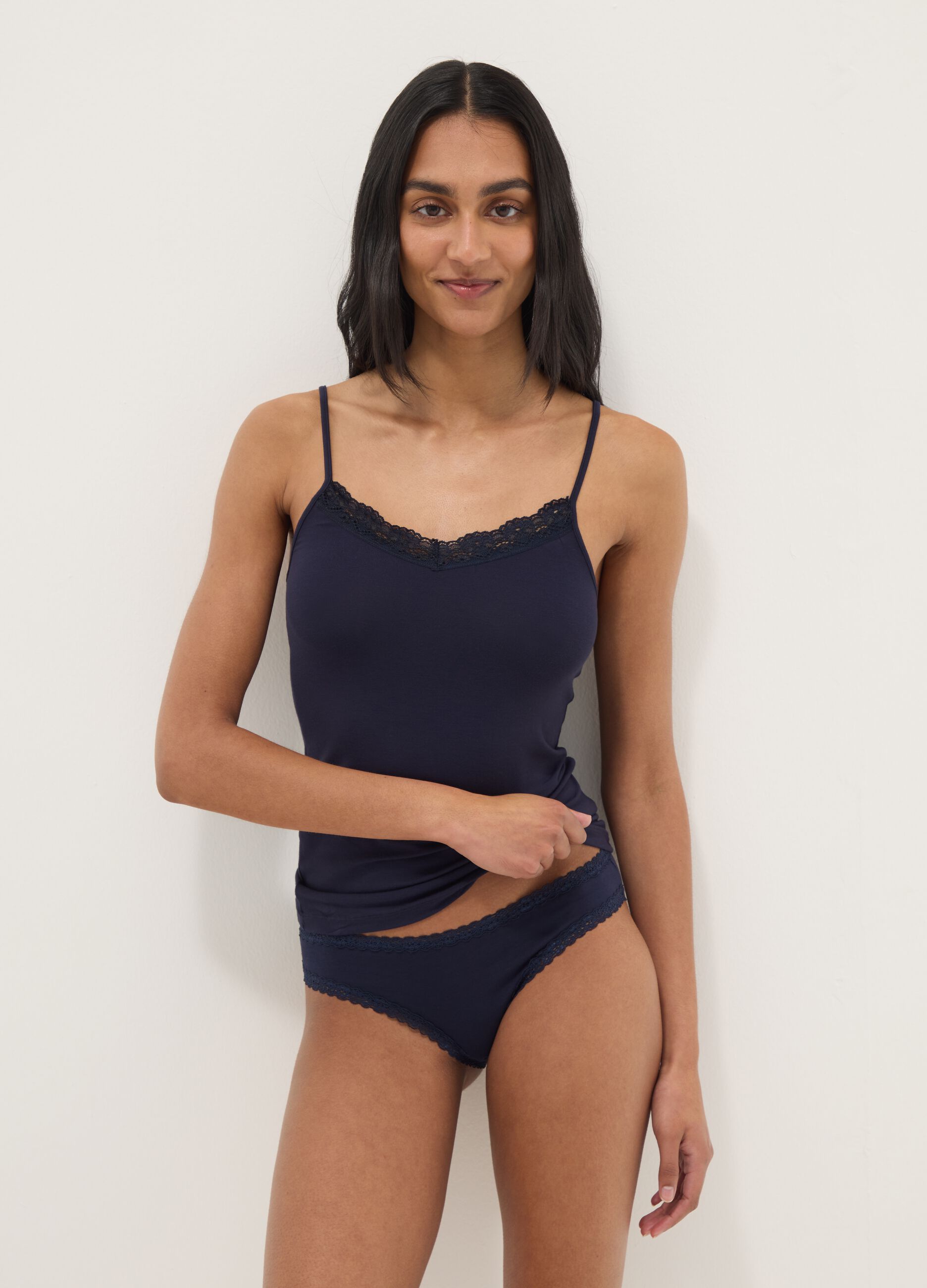 Blue stretch cotton regular fit briefs with lace