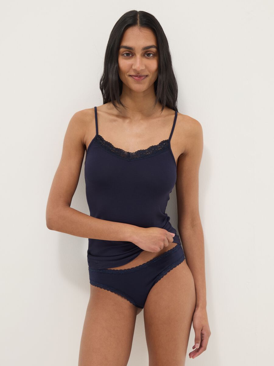 Blue stretch cotton regular fit briefs with lace_0