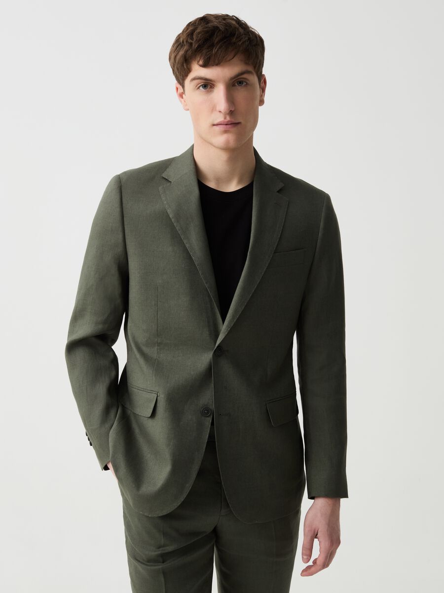 Slim-fit single-breasted blazer in solid colour linen_0