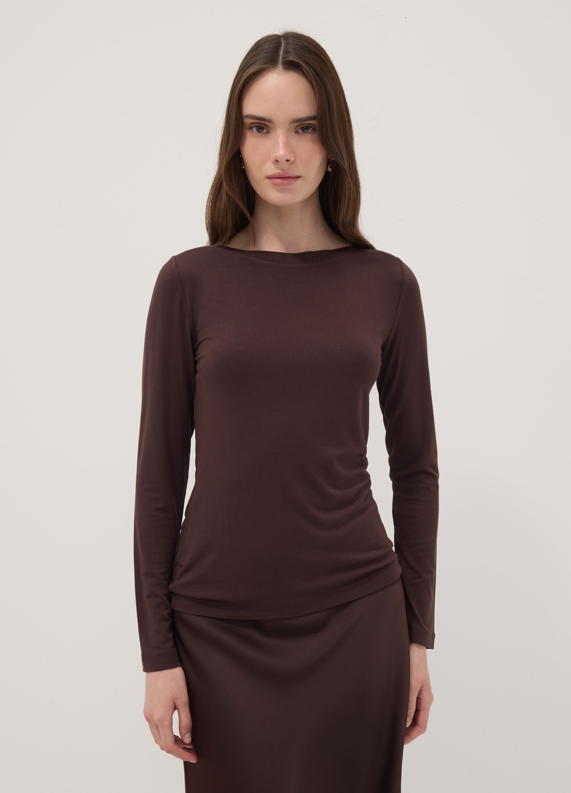 Brown slim-fit stretch viscose T-shirt