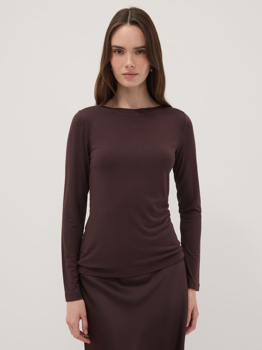 Brown slim-fit stretch viscose T-shirt_0