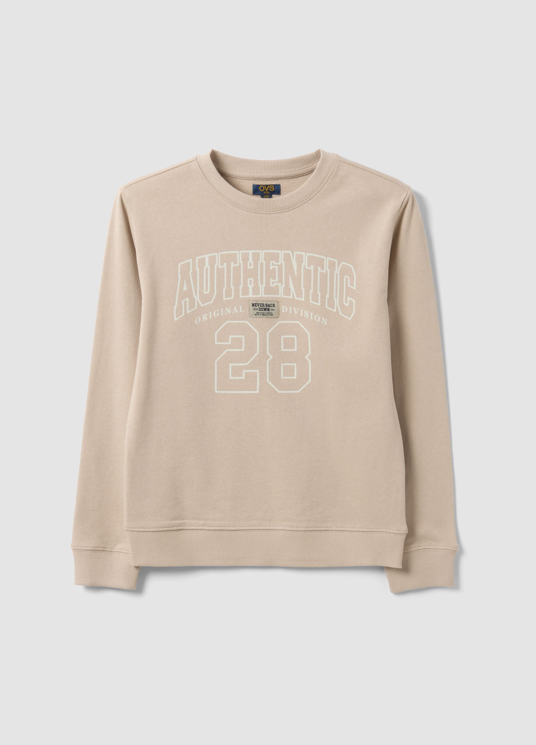 Sweatshirt bege em algod&atilde;o org&acirc;nico puro com decote redondo e estampado para rapaz