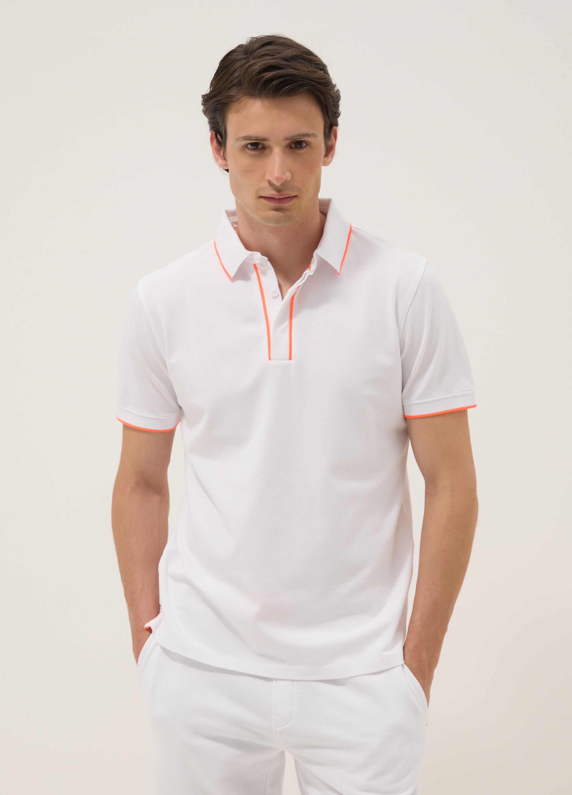 White stretch cotton polo shirt with contrast trims