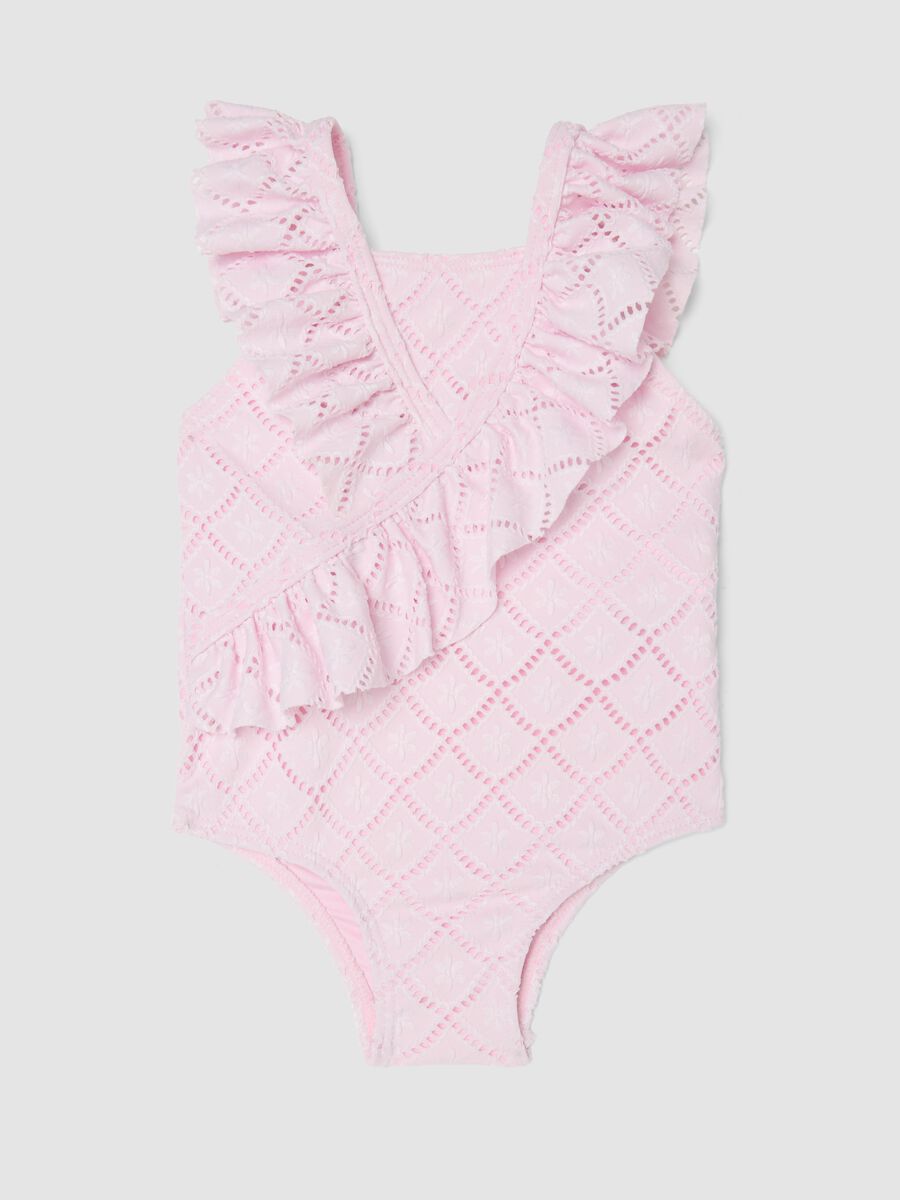 Pink ruffle swimsuit in stretchy fabric_0
