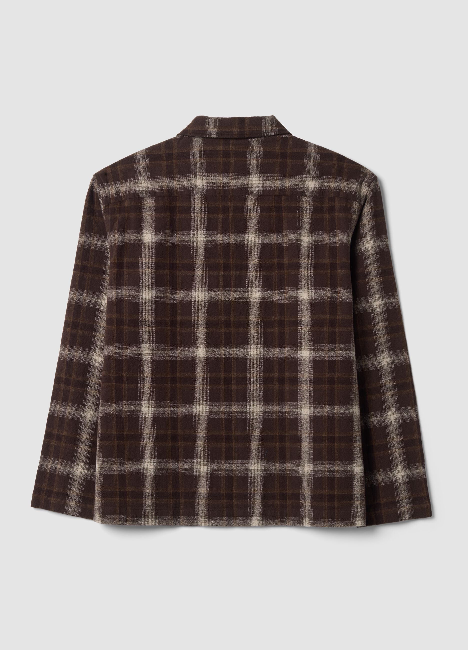 Brown cropped pure-cotton checked shirt with zip, oversized fit