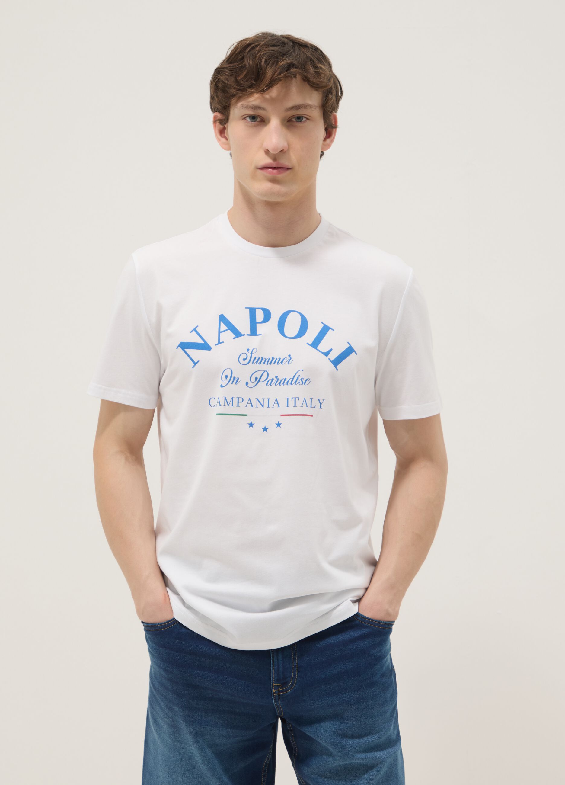 Wei&szlig;es T-Shirt aus reiner Baumwolle mit Print, Regular Fit