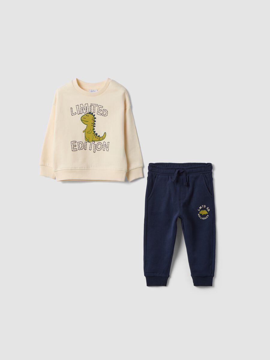 Completo jogging beige in puro cotone con girocollo_0