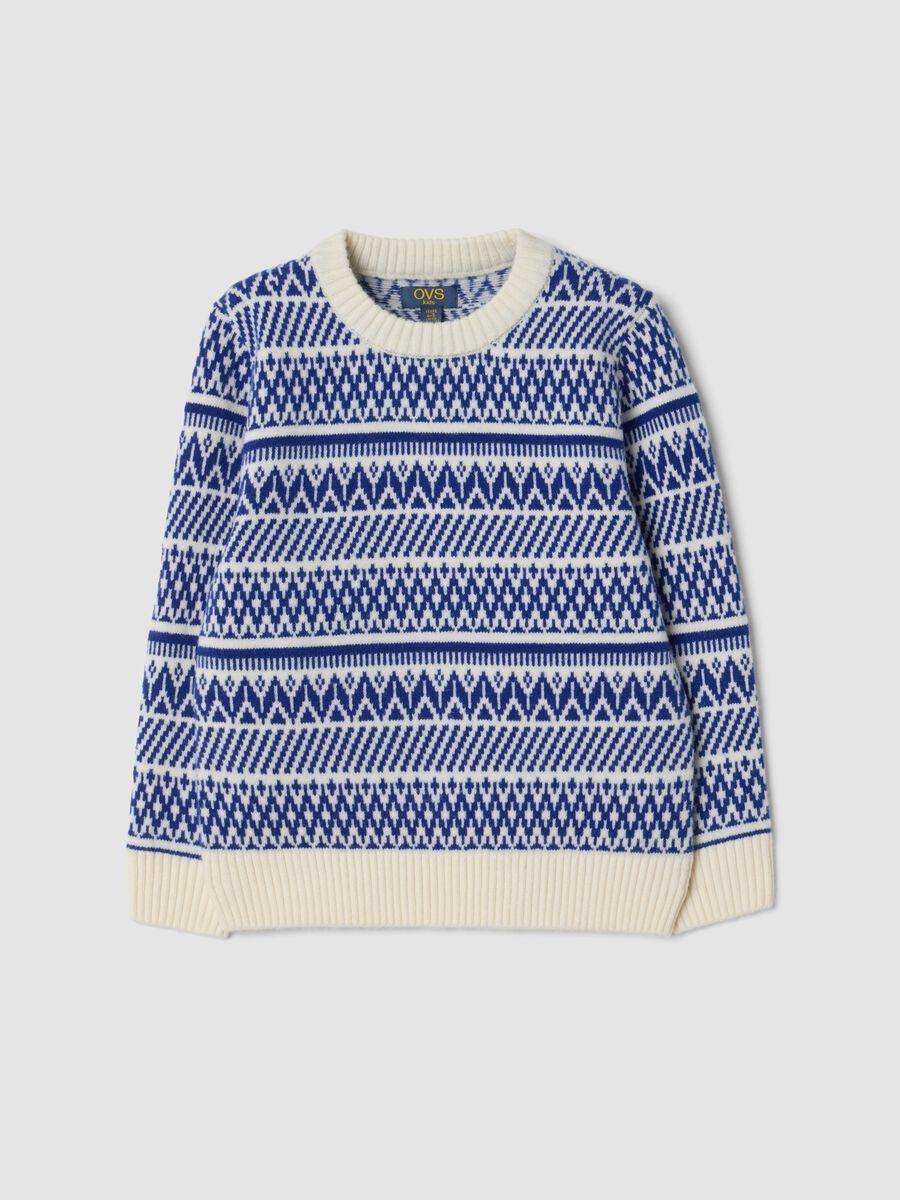 Ivory and royal blue jacquard crew-neck jumper, regular fit_0
