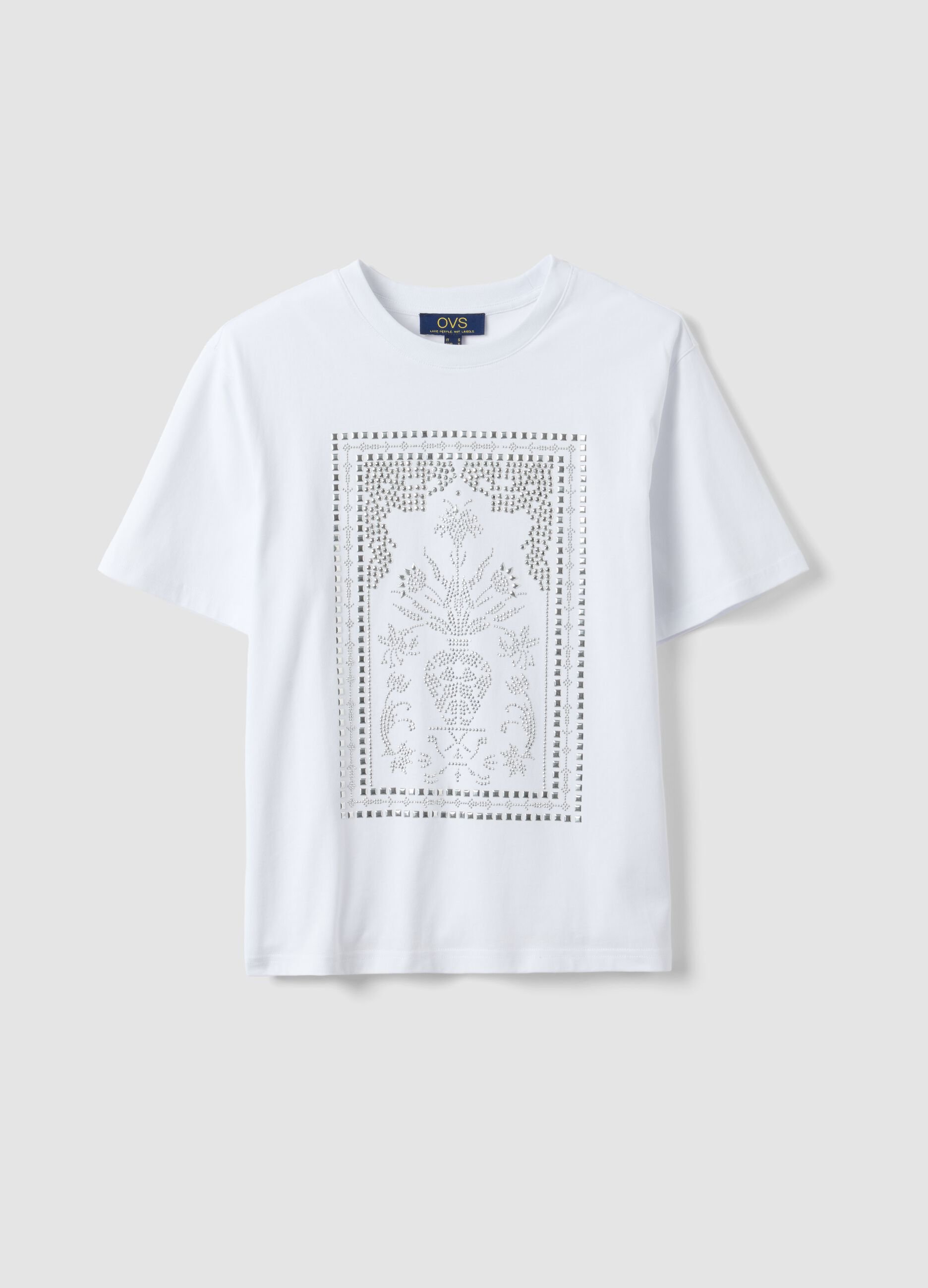 White pure cotton regular-fit T-shirt with rhinestone motif
