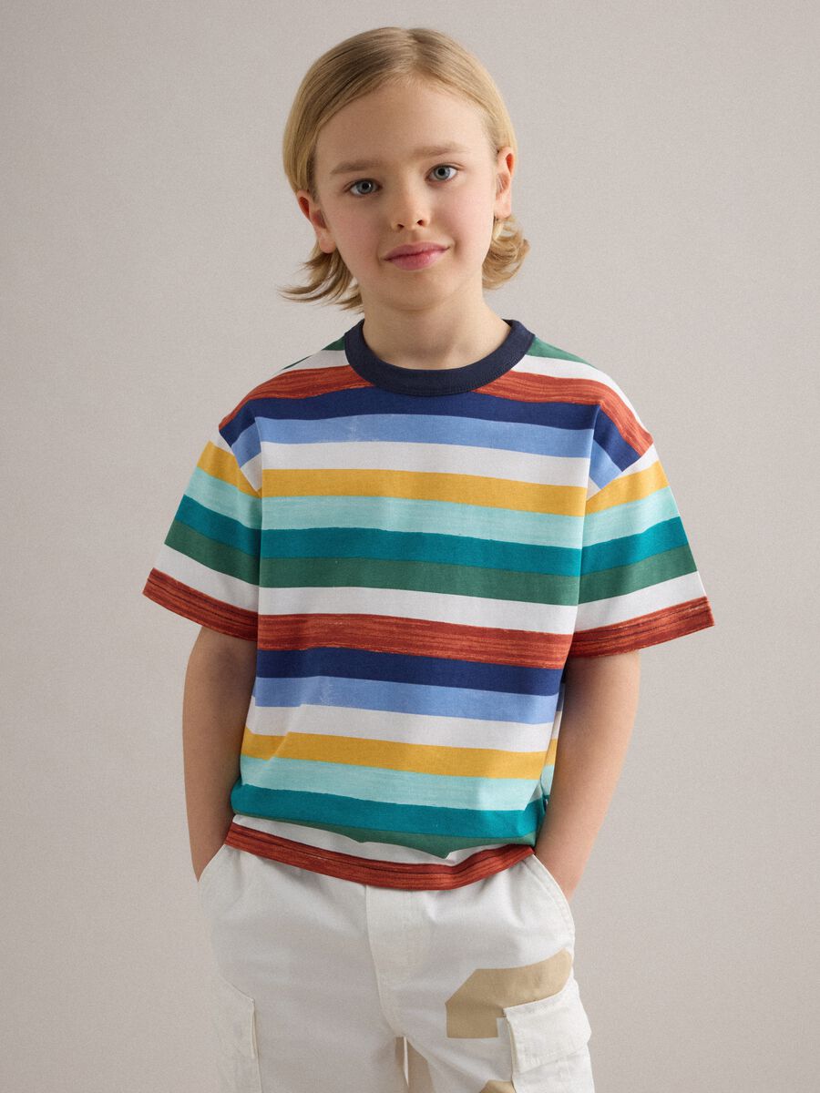 Boys' Regular Fit Multicoloured Striped Pure Cotton T-shirt_0