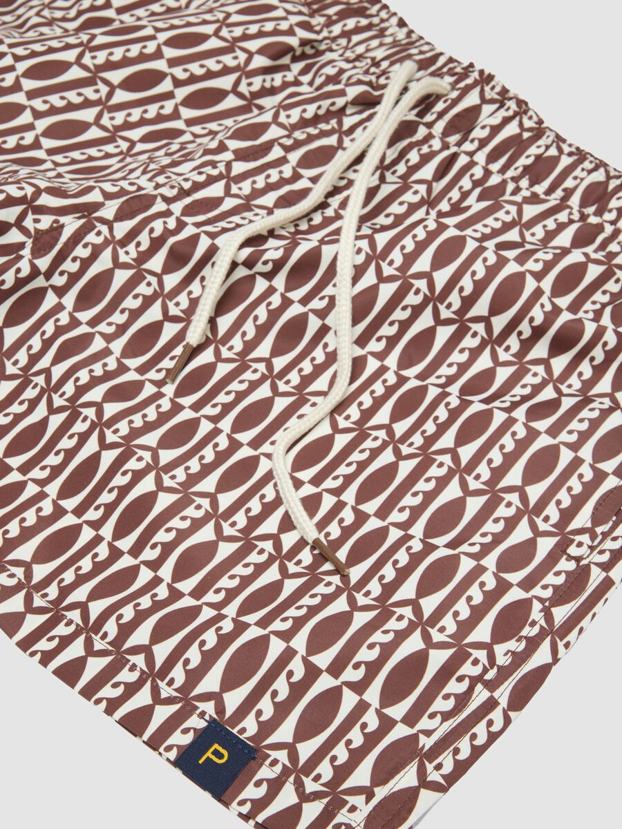 Brown geometric-print swim shorts_1