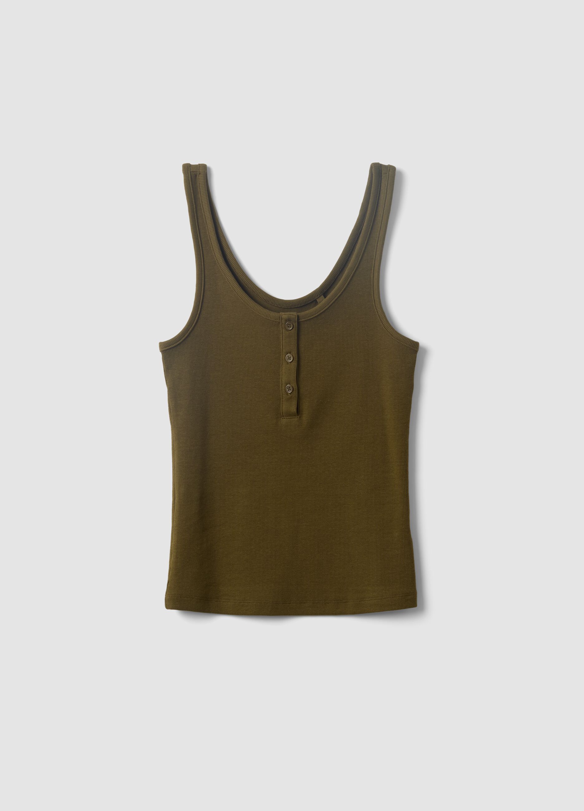 Green stretch cotton tank top with buttons, regular fit