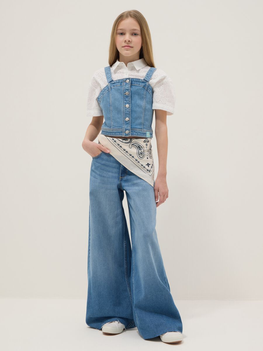 Girls' wide leg denim blue pure cotton jeans_0