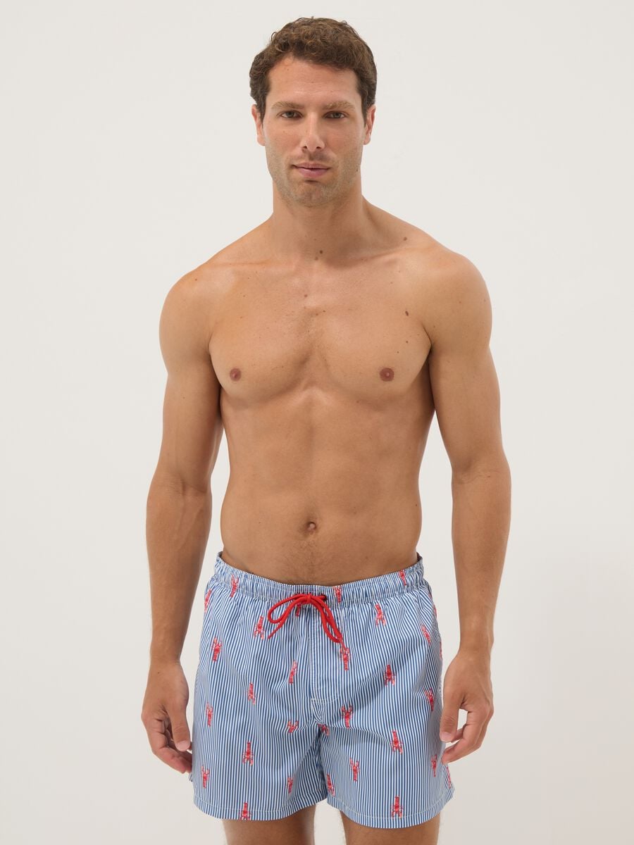 Blue striped swim shorts with lobster print_0
