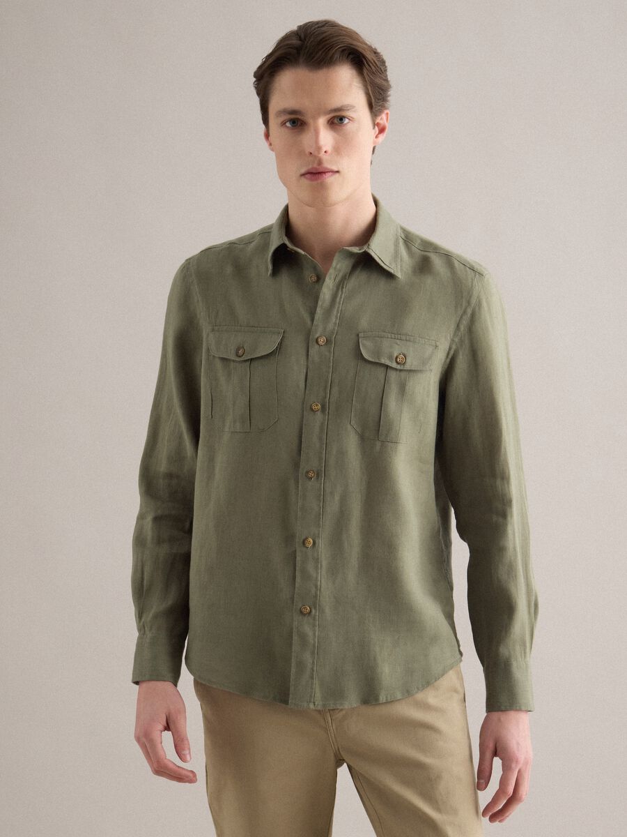 Regular fit pure linen green shirt with pockets_0