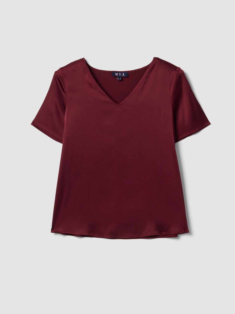 Red satin V-neck stretch blouse, regular fit_4