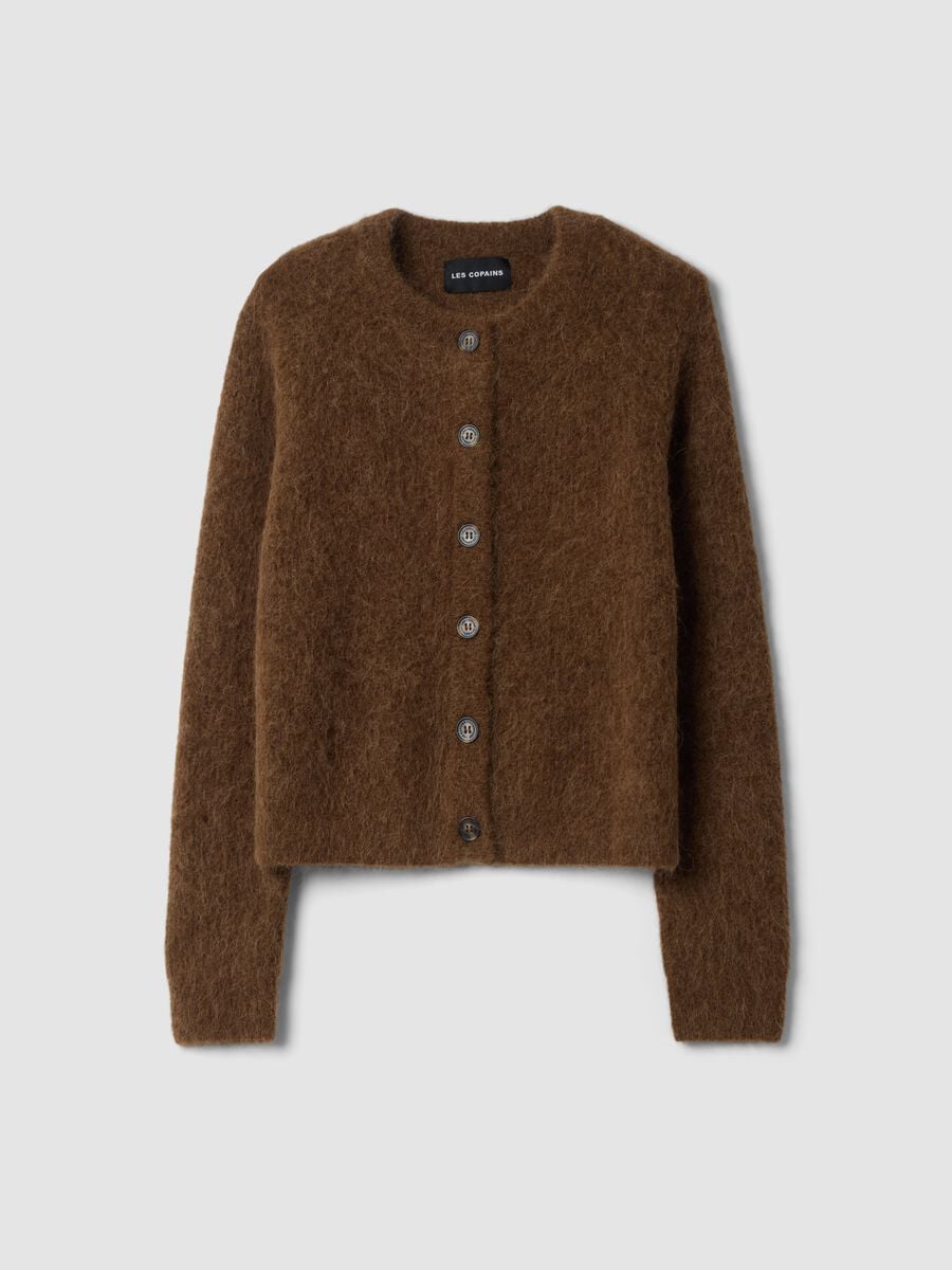 C&aacute;rdigan marr&oacute;n de cuello redondo en alpaca y lana el&aacute;stica_0