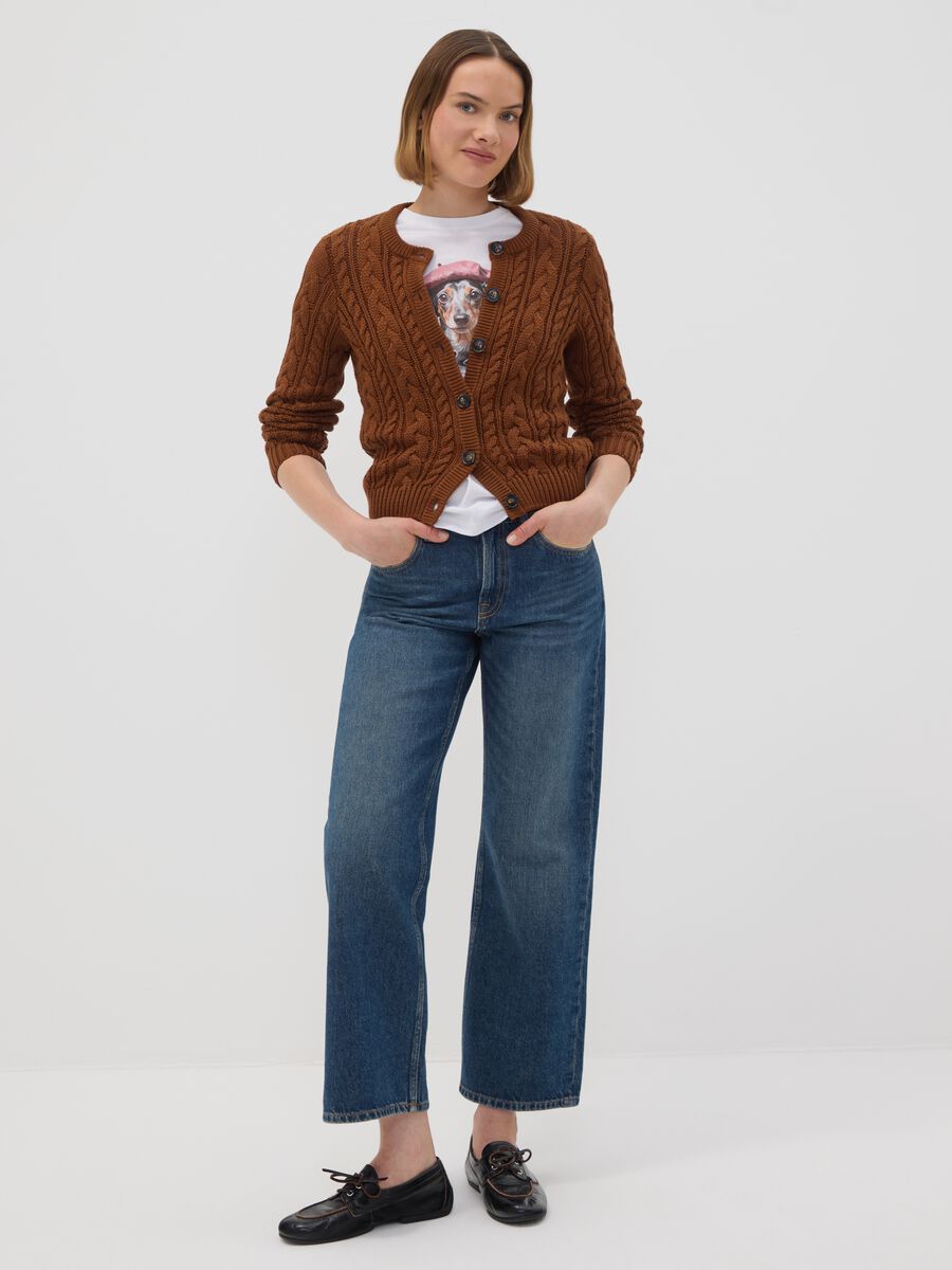 Brown cable-knit cotton-blend cardigan, regular fit_2
