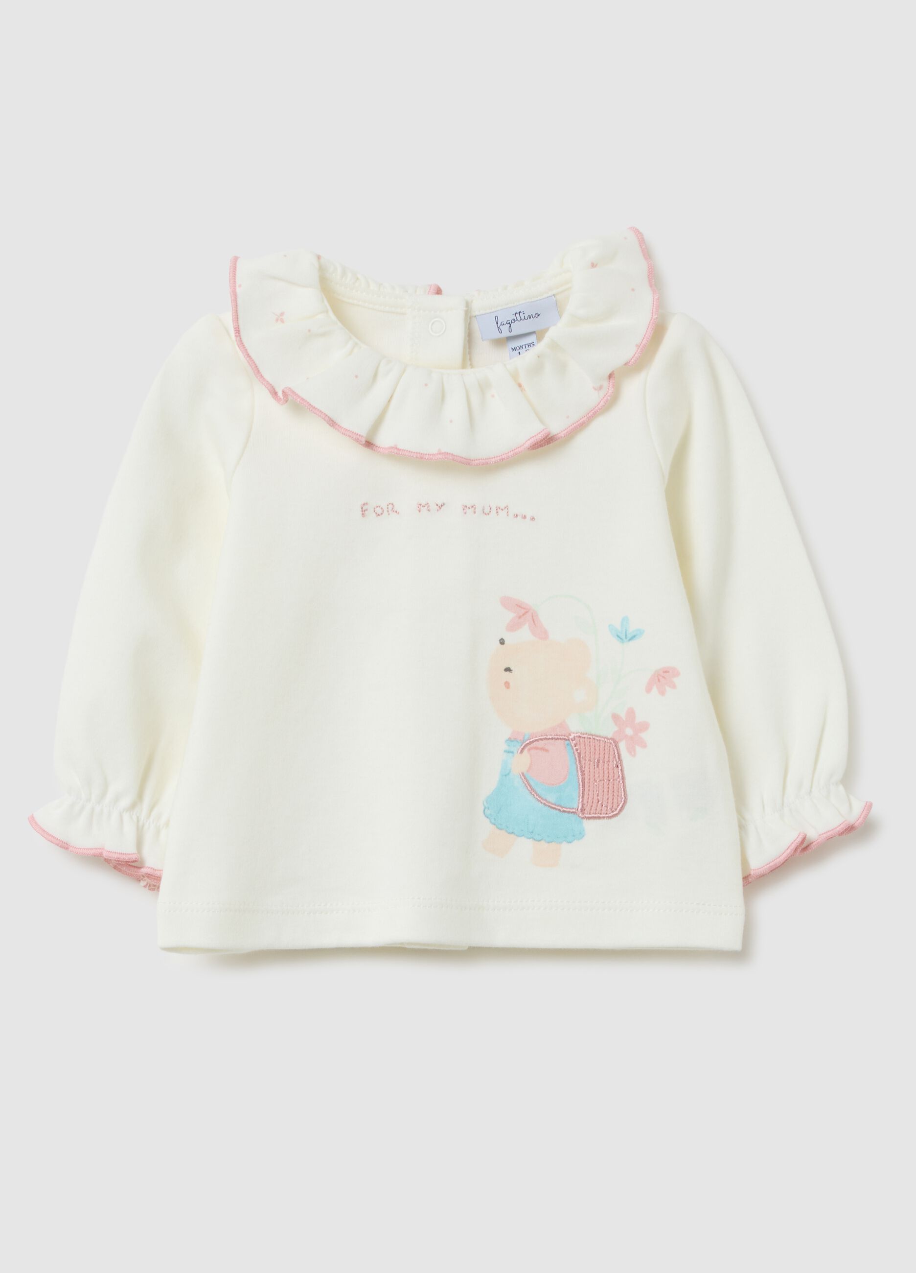 White regular fit pure cotton girl's sweatshirt with teddy bear print