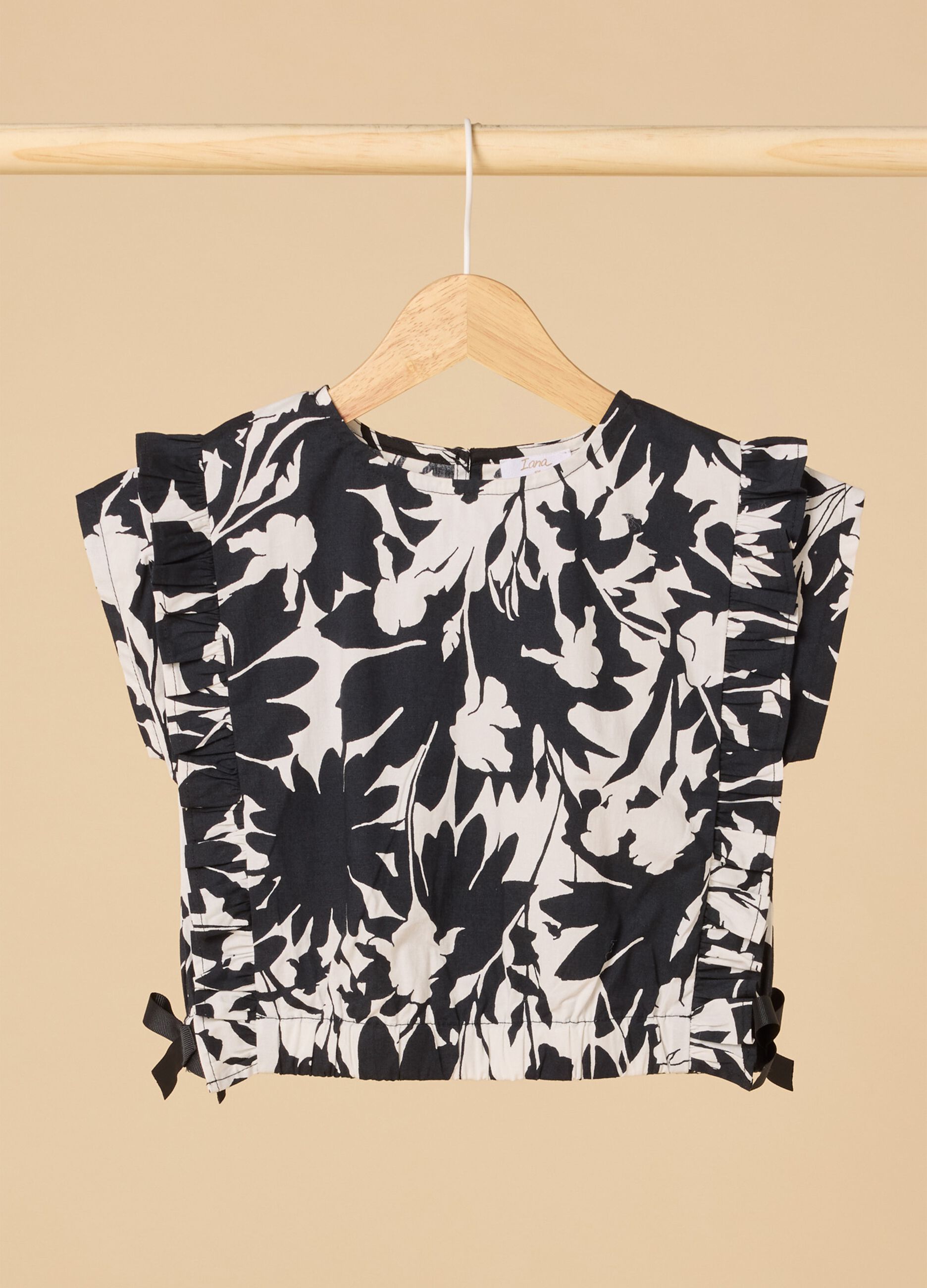 Stretch cotton blouse with print and flounces