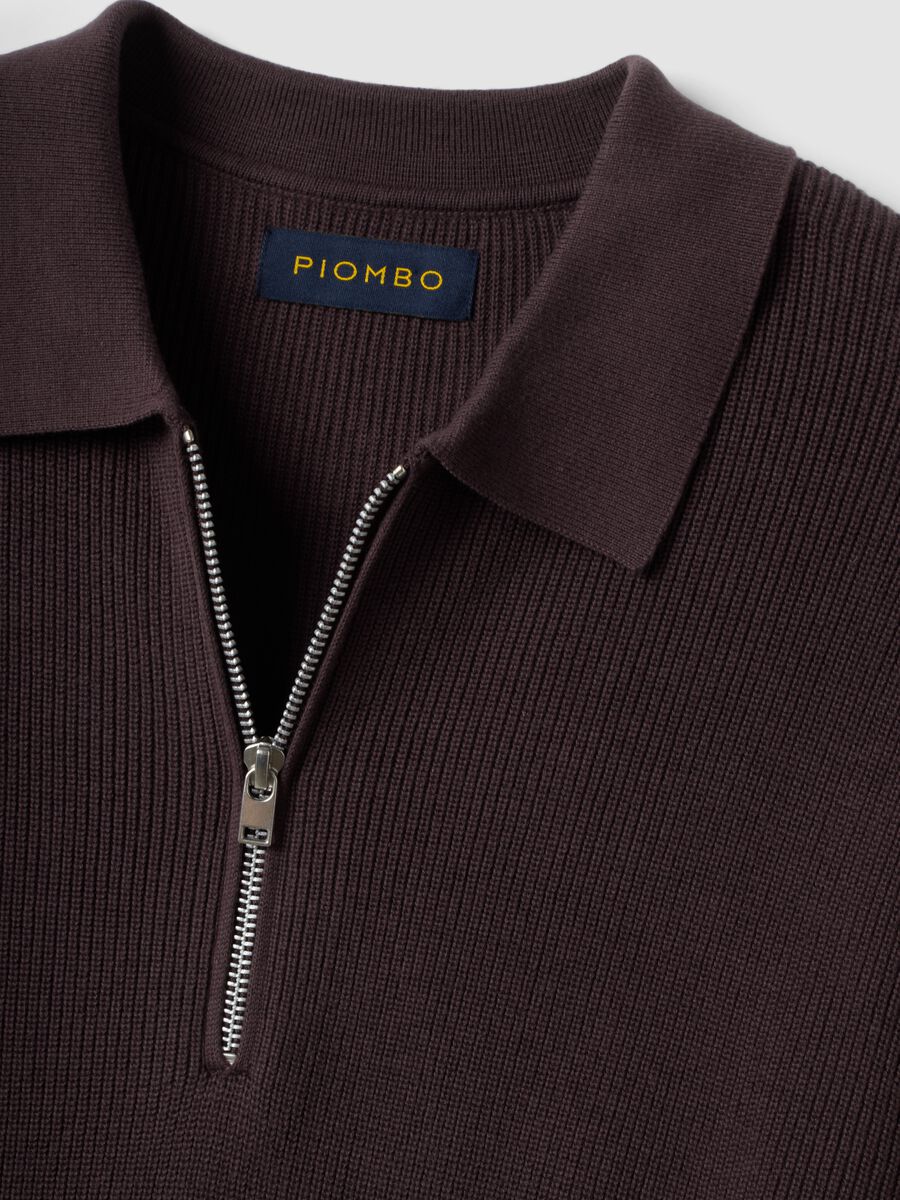 Polo marrone in puro cotone con zip e collo classico_5