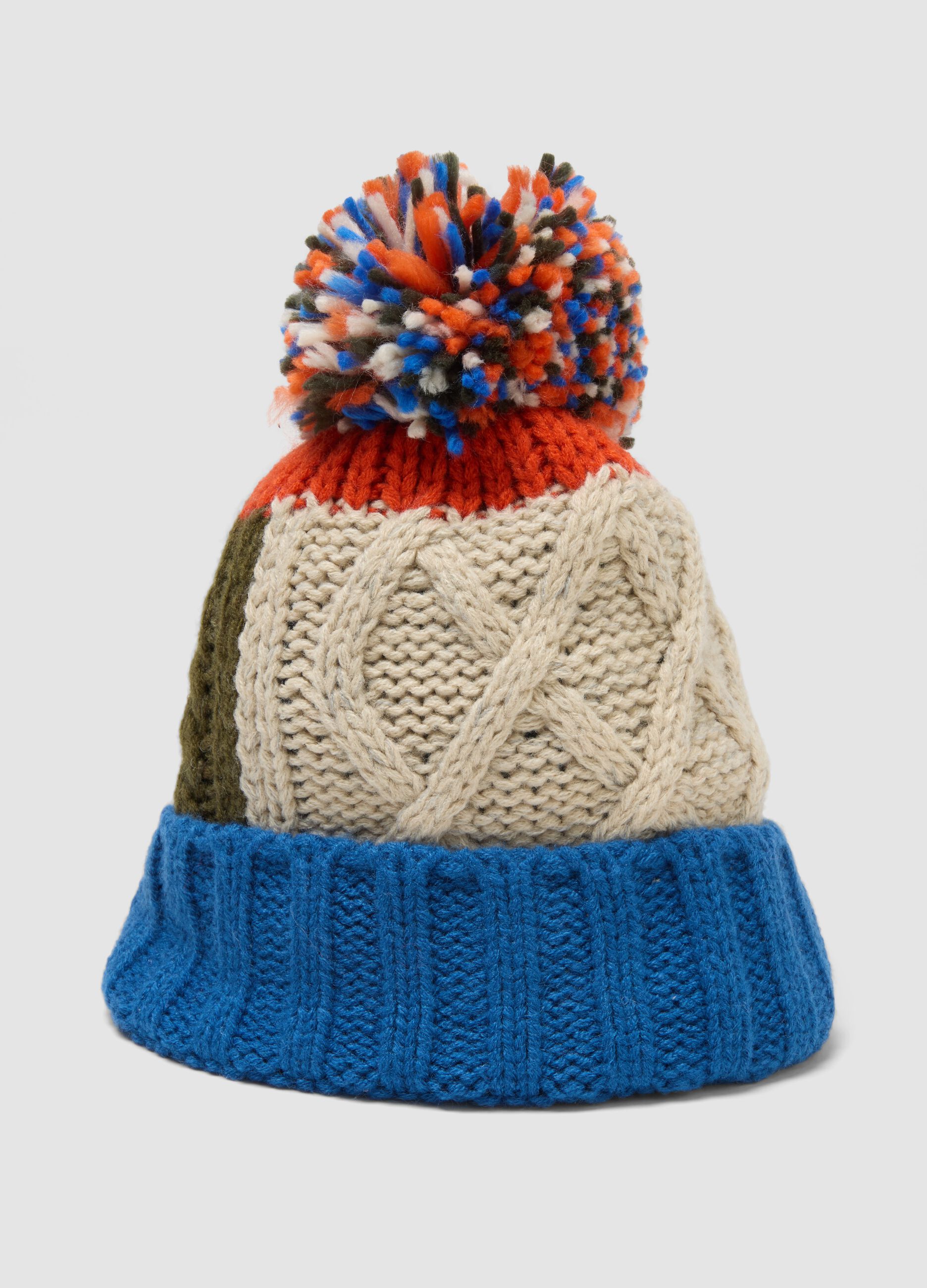 Multicolour knitted hat with pom-pom