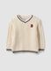 White pure cotton cable-knit V-neck jumper for boys_0