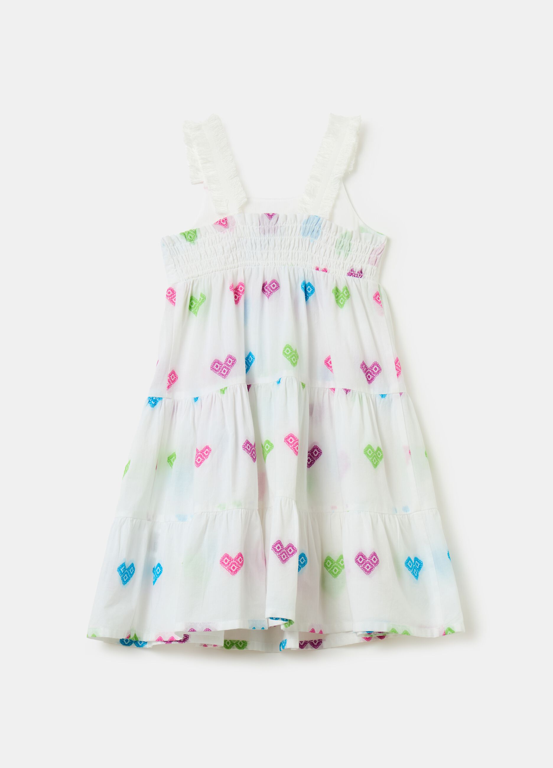 Tiered cotton dress with hearts embroidery