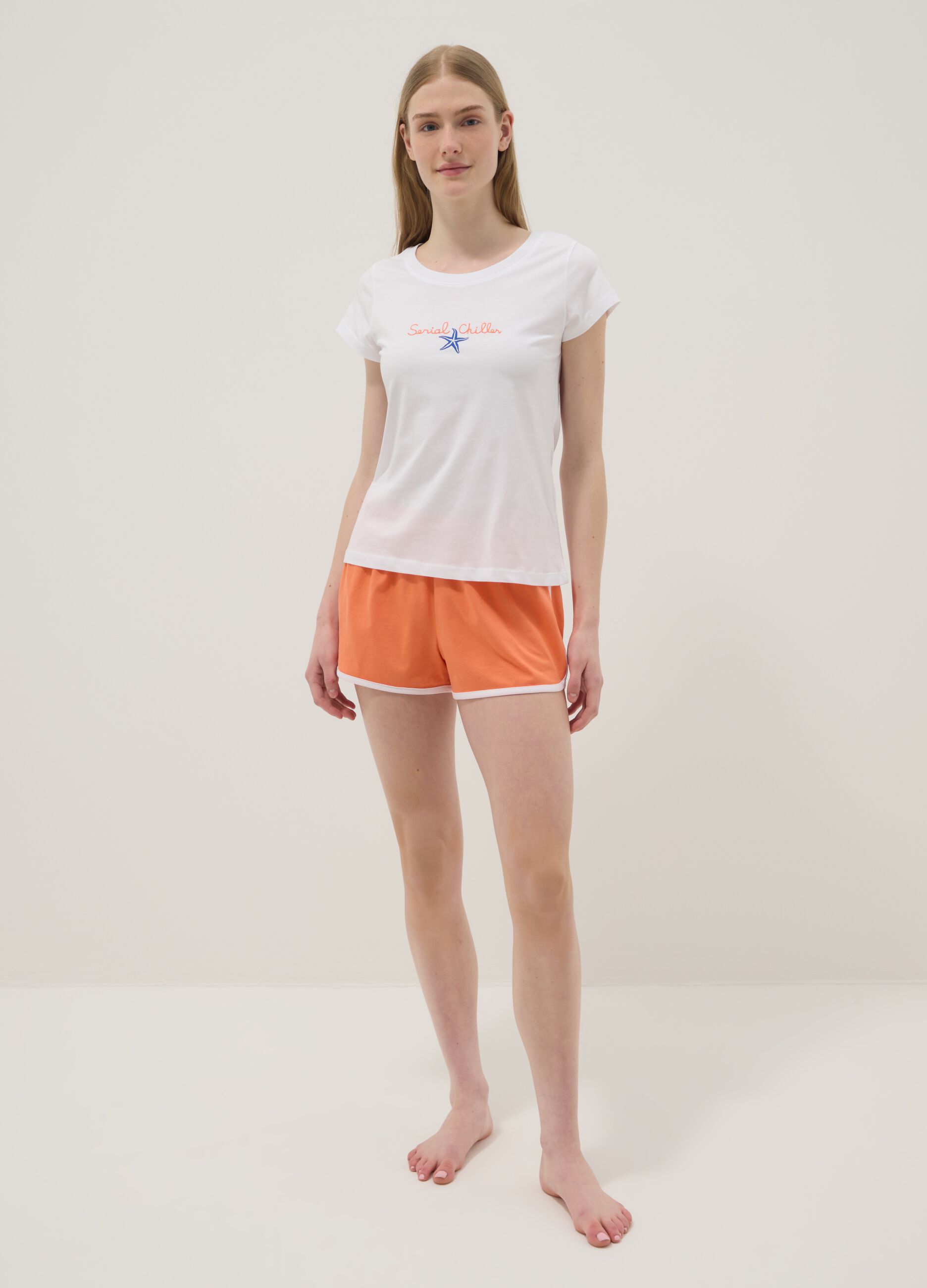 Orange pure cotton pyjama shorts, regular fit