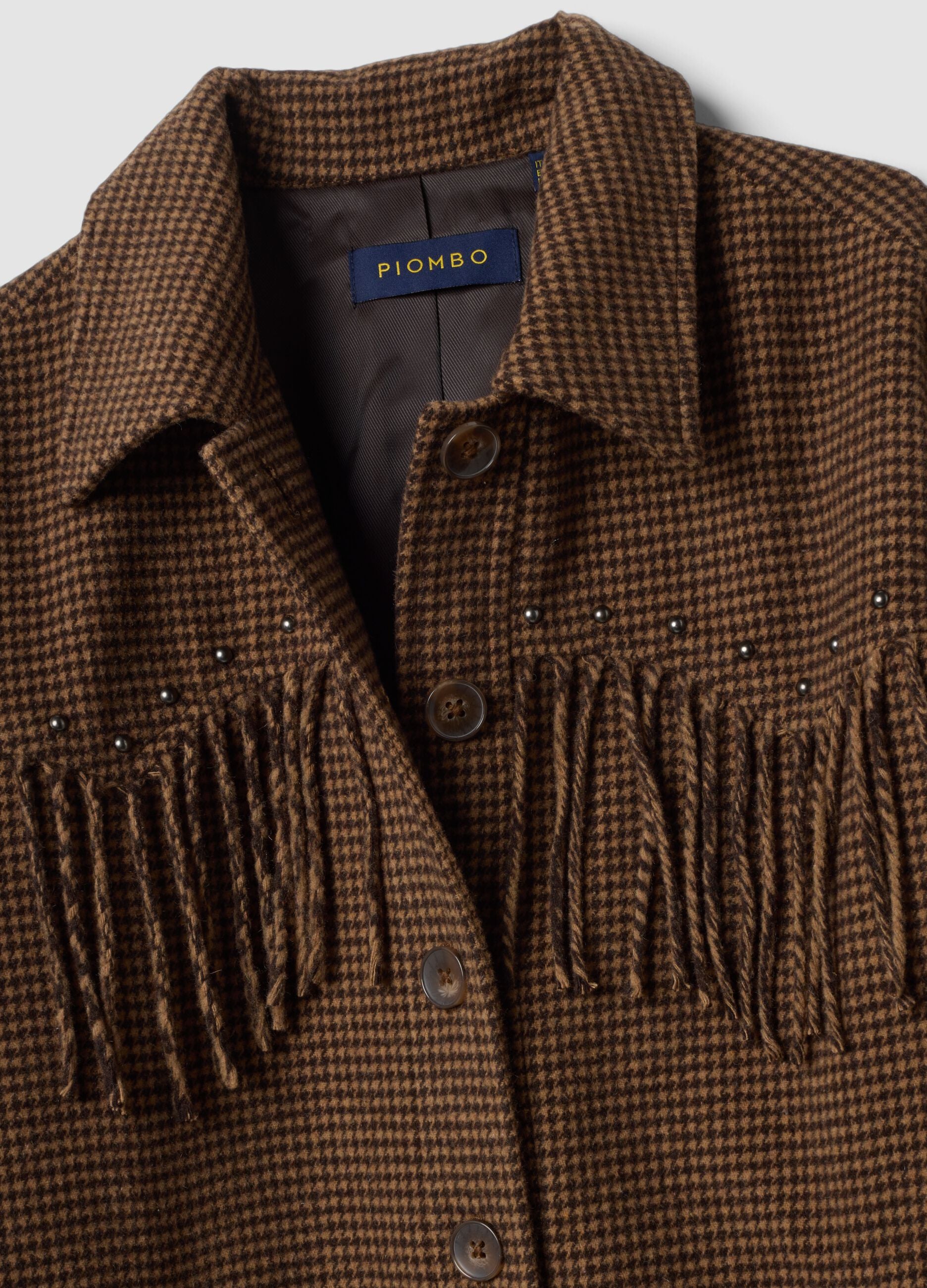 Blazer marrone in misto lana e viscosa con frange applicate