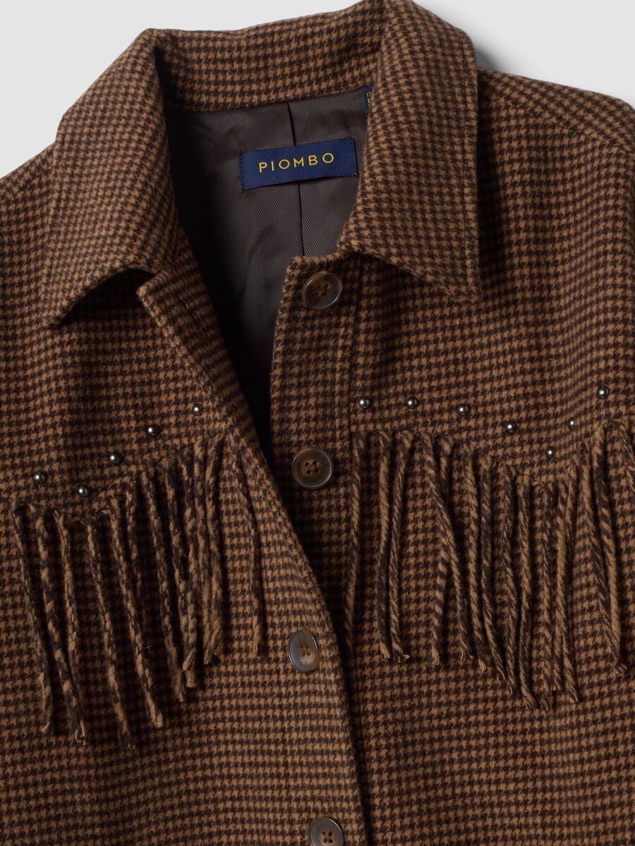 Blazer marrone in misto lana e viscosa con frange applicate_5