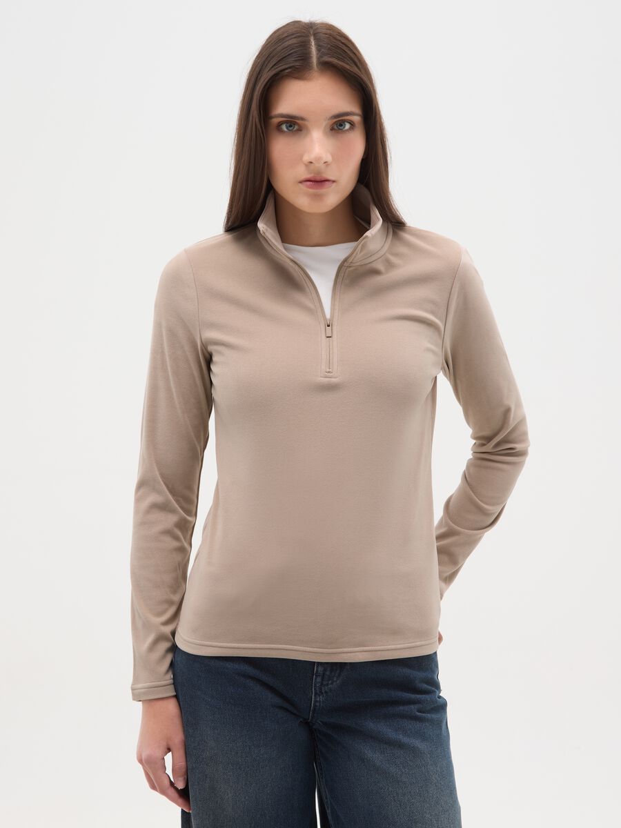 Beige high-neck fleece with half-zip regular fit_0