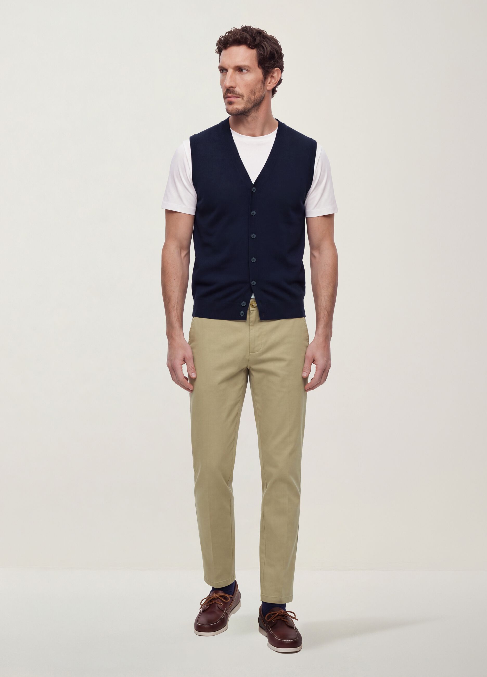 Blue viscose-blend waistcoat with deep V-neck, regular fit
