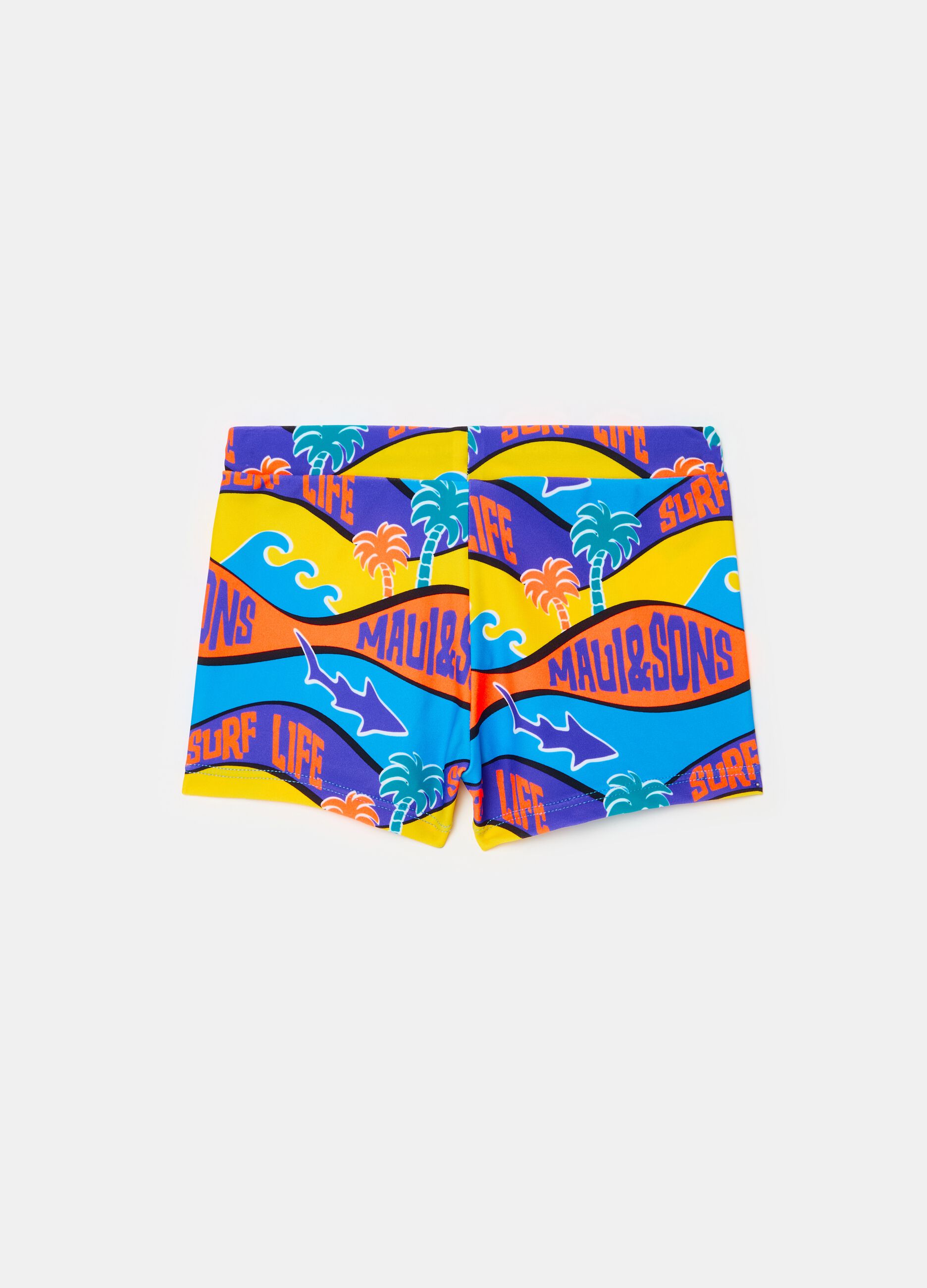 Swimming trunks with multicoloured surf print