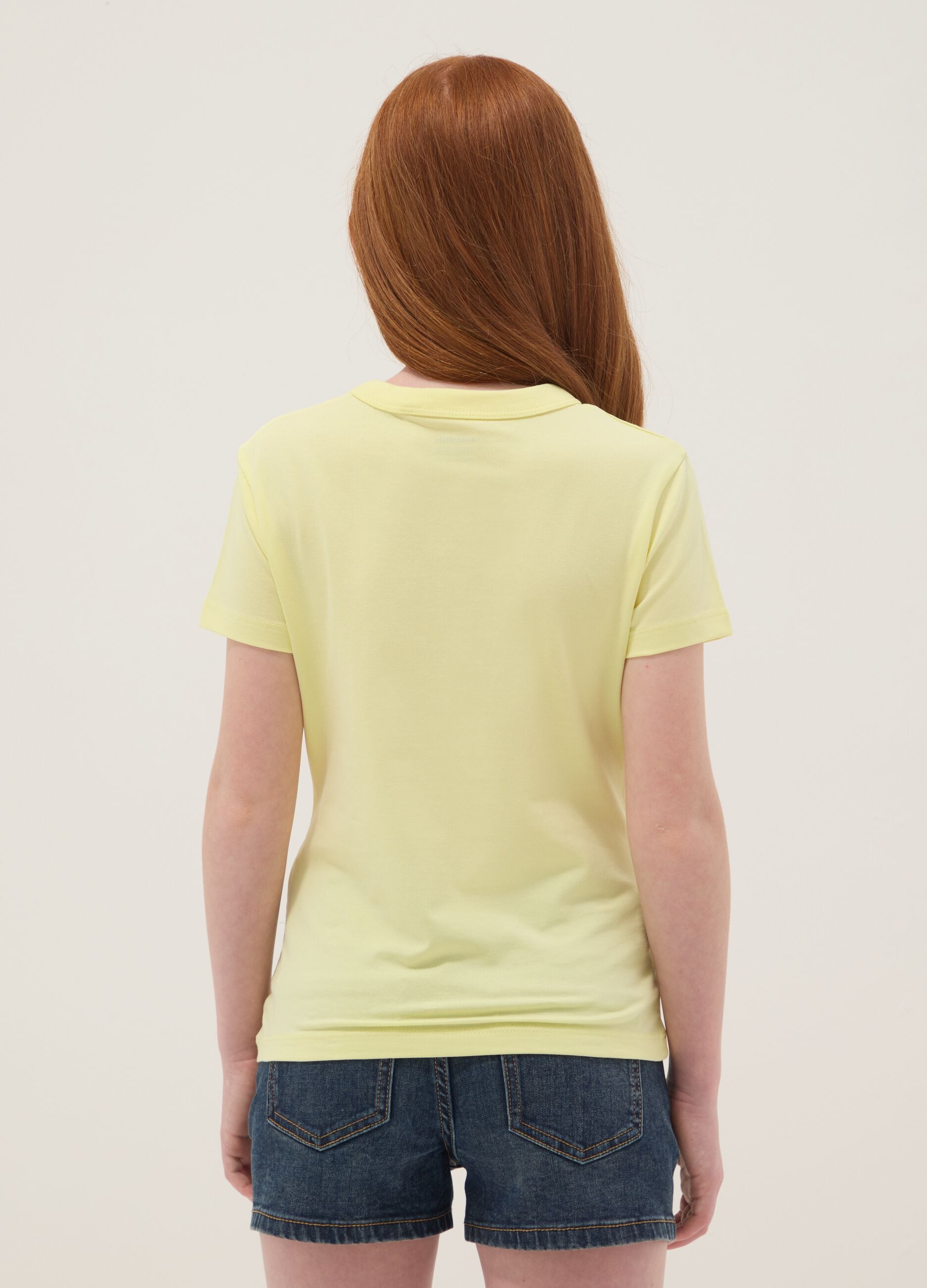 T-shirt amarela de algod&atilde;o el&aacute;stico para rapariga, corte regular