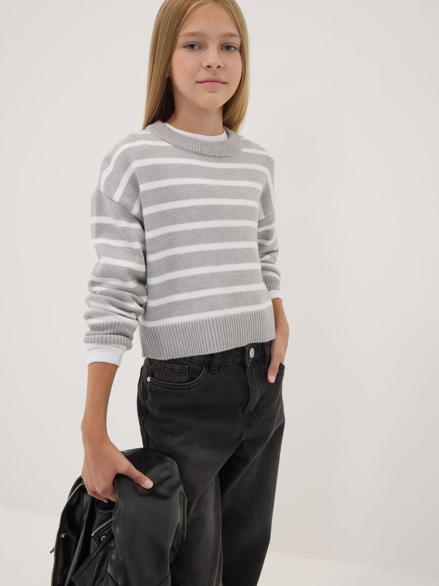 Grey striped viscose-blend crew-neck jumper_1
