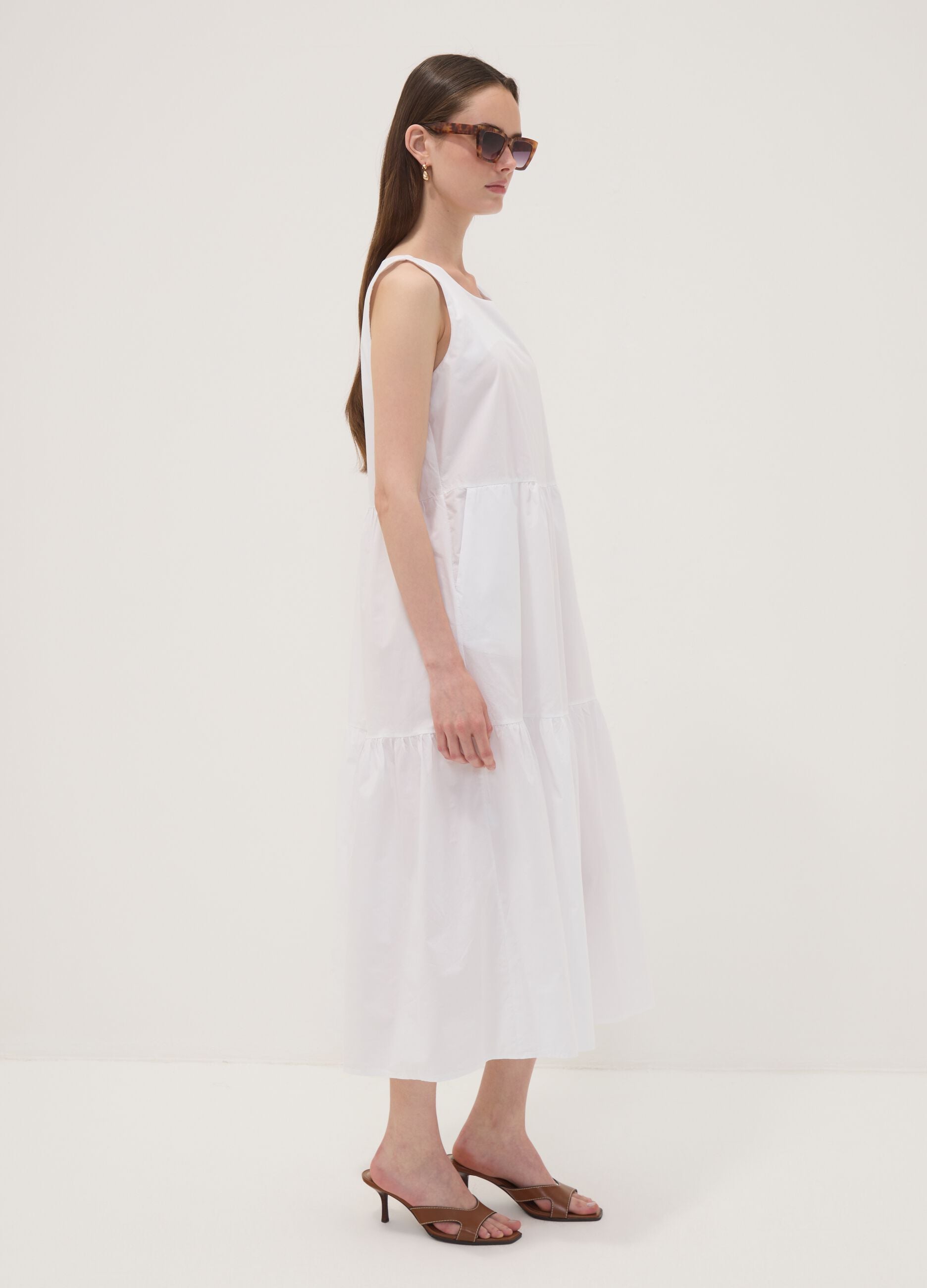 White sleeveless pure cotton tiered dress, regular fit
