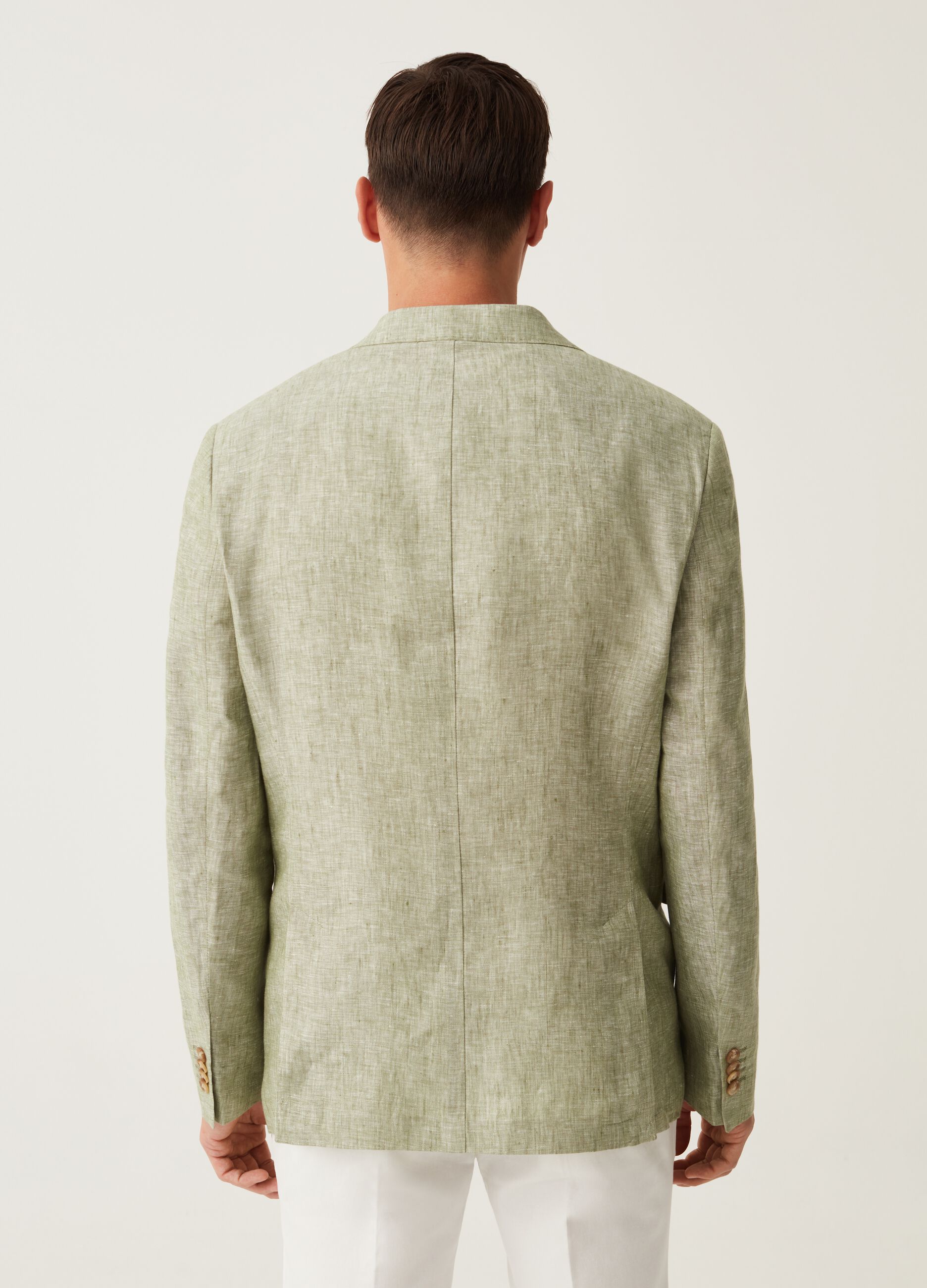Blazer slim fit de lino teñido en hilo verde claro jaspeado