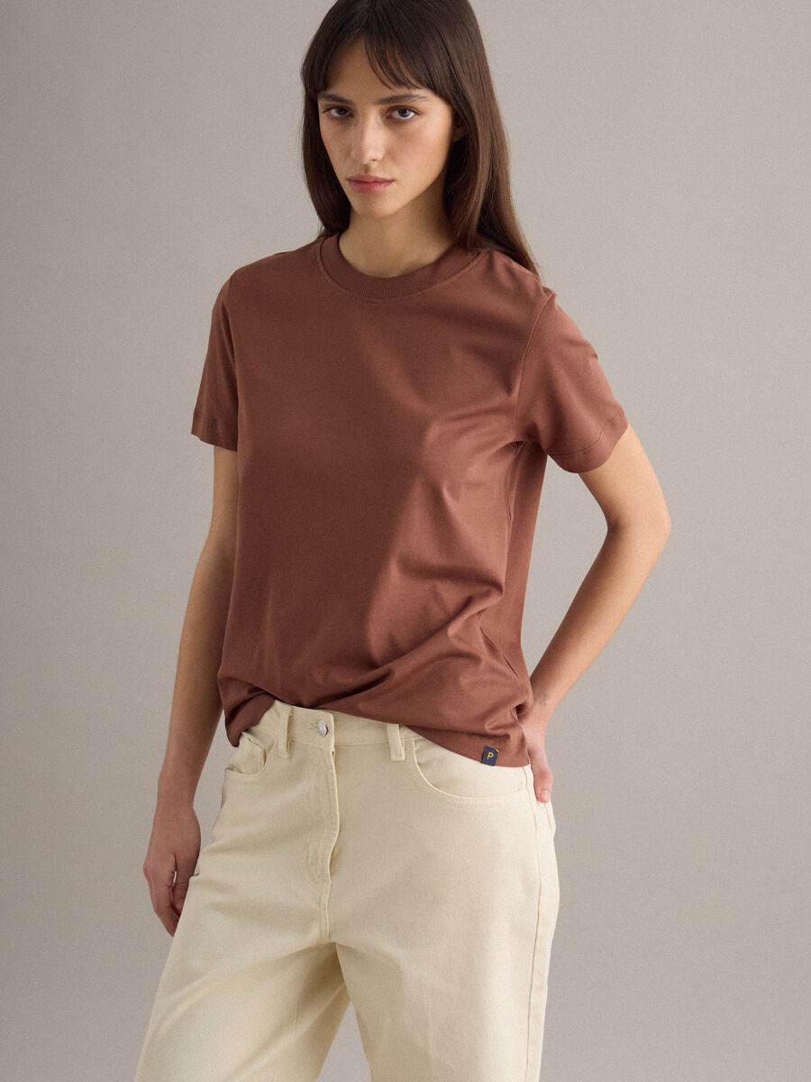 Brown crew neck pure cotton regular fit T-shirt_0