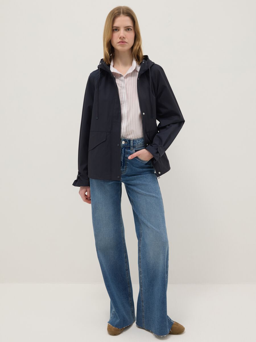 Black regular fit cotton blend jacket with zip and hood_1