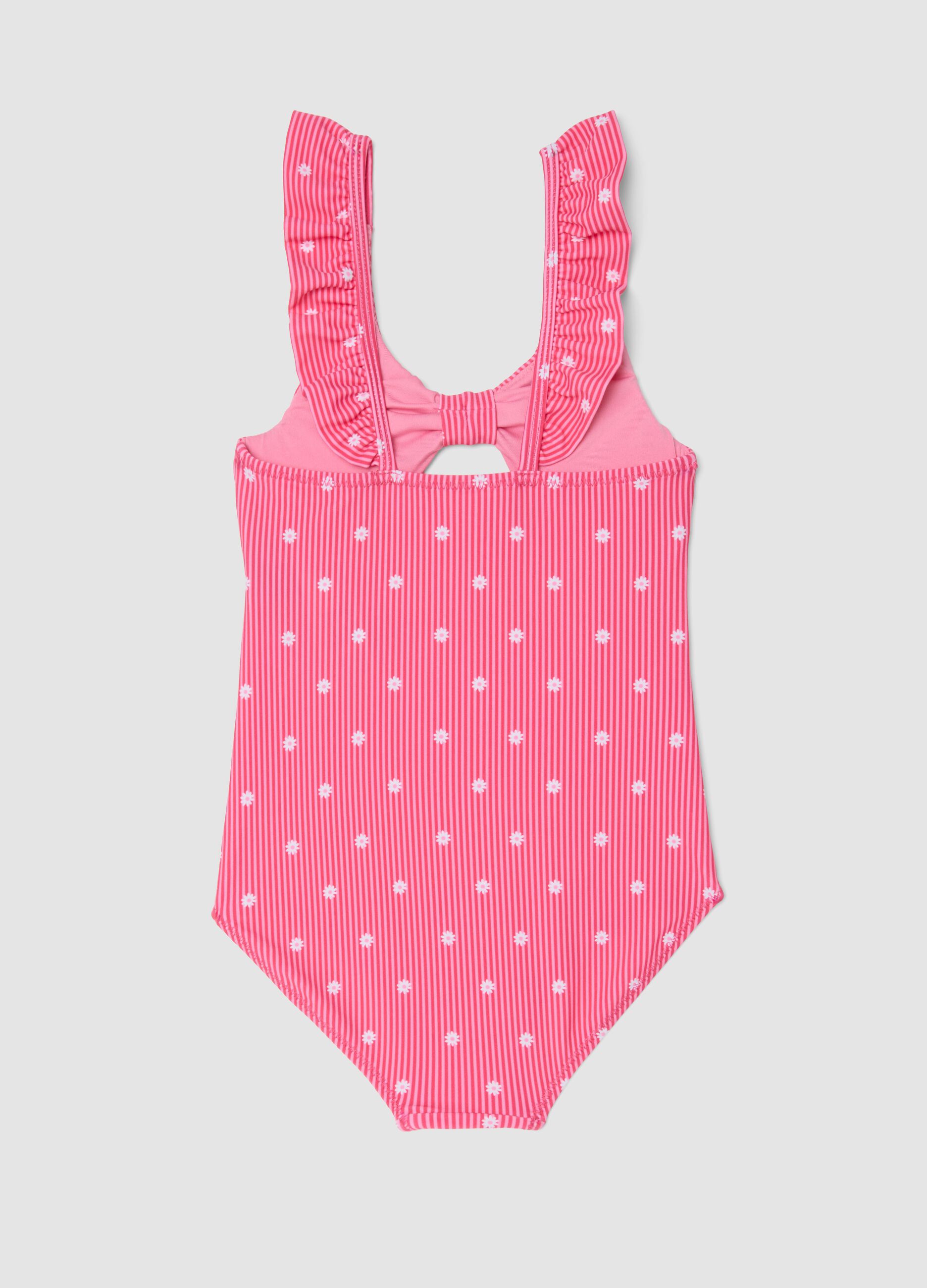 Pink striped stretch swimsuit with ruffle straps