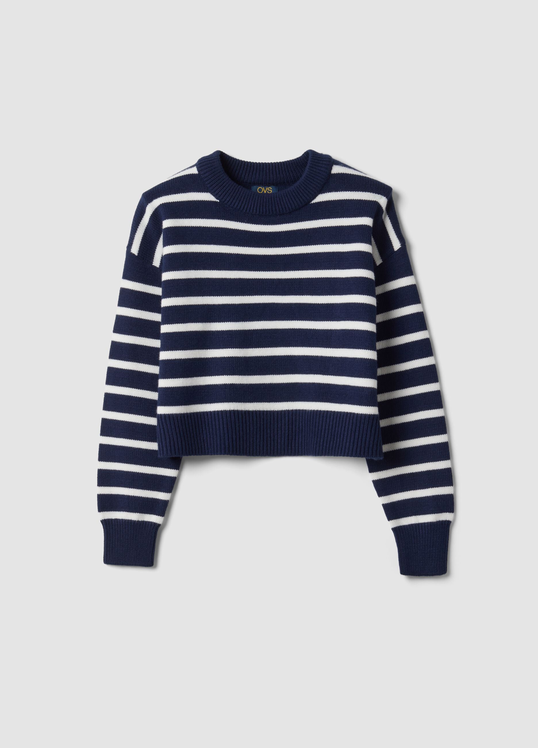 Maglia blu in misto viscosa a righe con girocollo