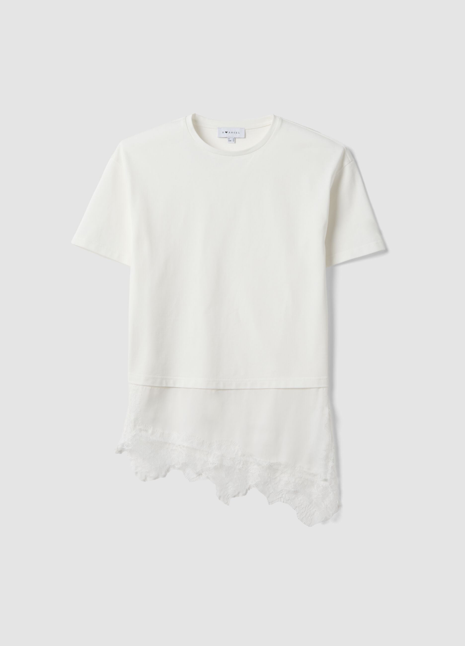 White pure cotton T-shirt with lace insert, relaxed fit