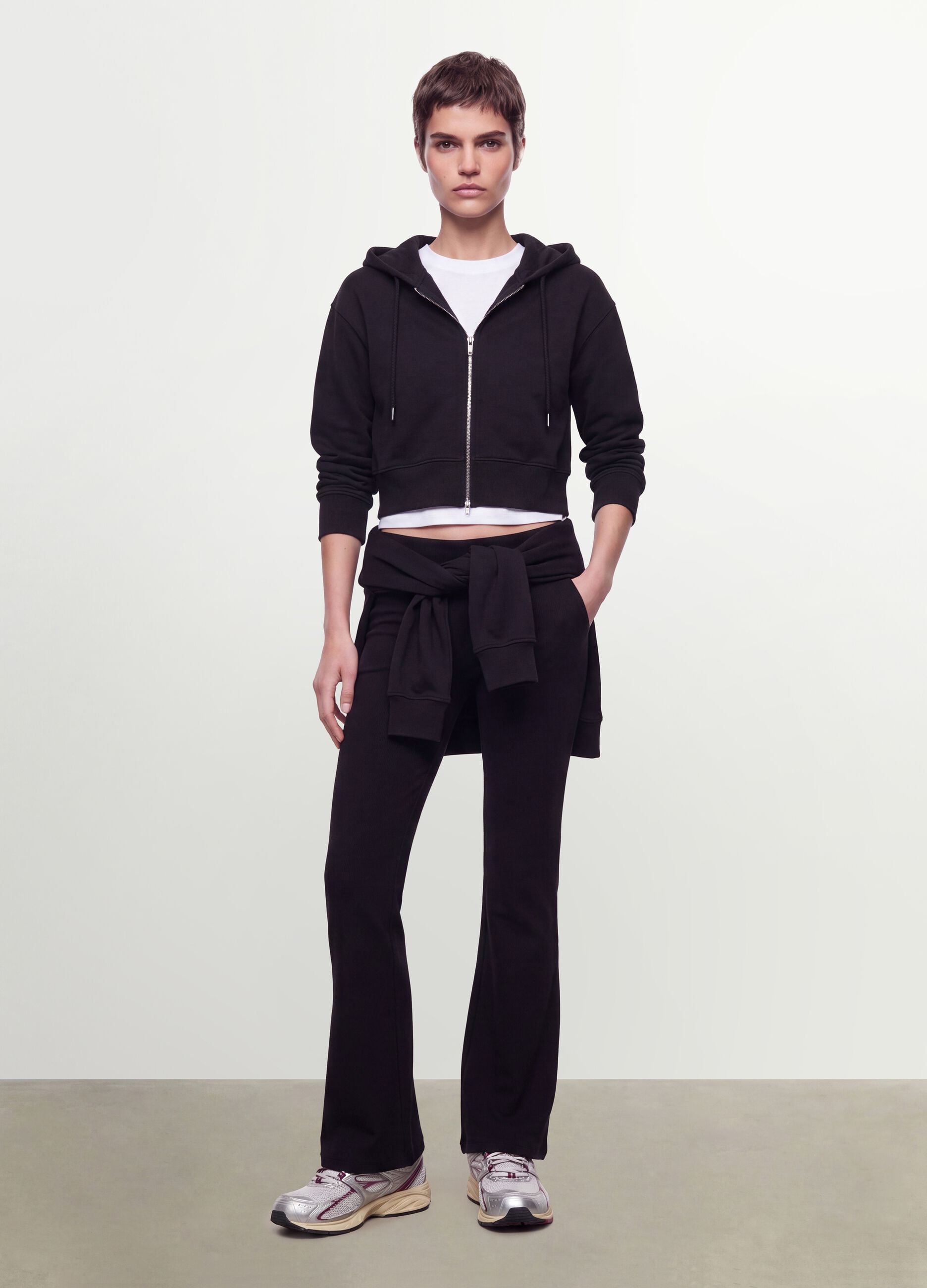 Black cotton-blend full-zip fitted hoodie