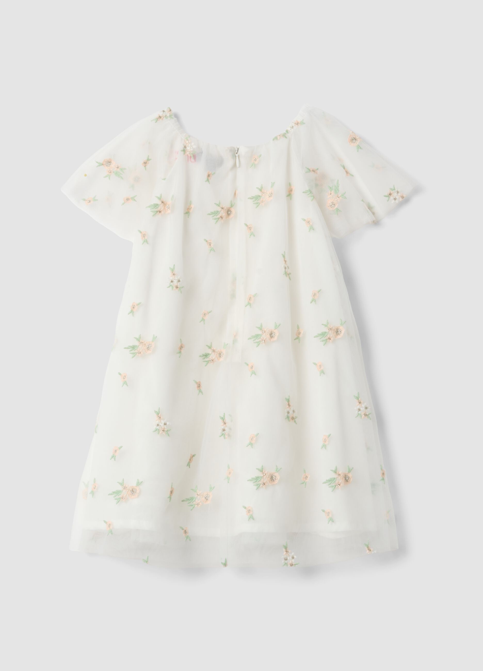 Vestido branco para menina com bordados florais, corte regular